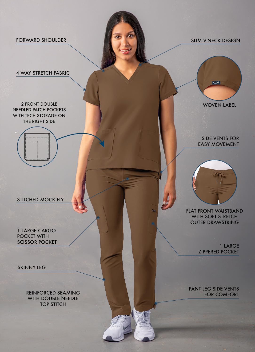 Ensemble de gommage Adar Addition Go-Basic pour femme - Haut de gommage slim à col en V et pantalon de gommage cargo skinny