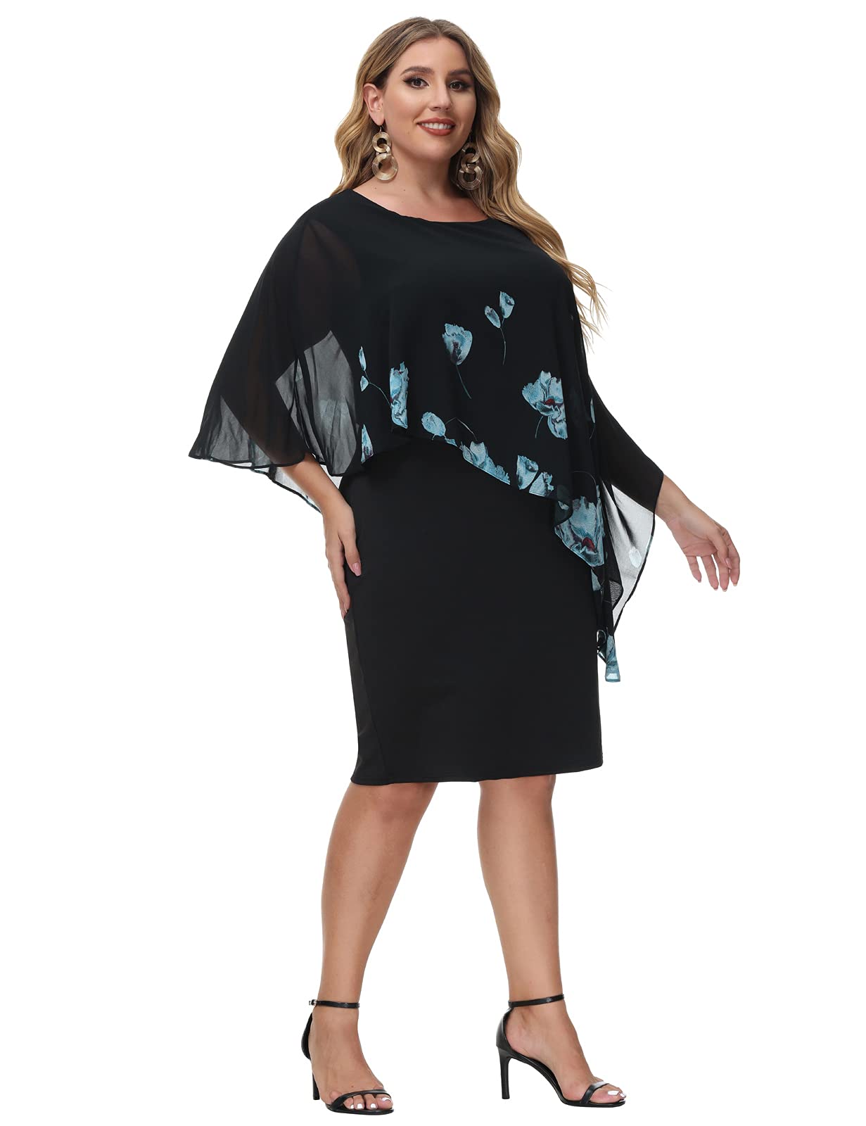 Hanna Nikole Women's Sleeveless Cape Dress with Chiffon Overlay Sequin Bodycon Pencil Dress