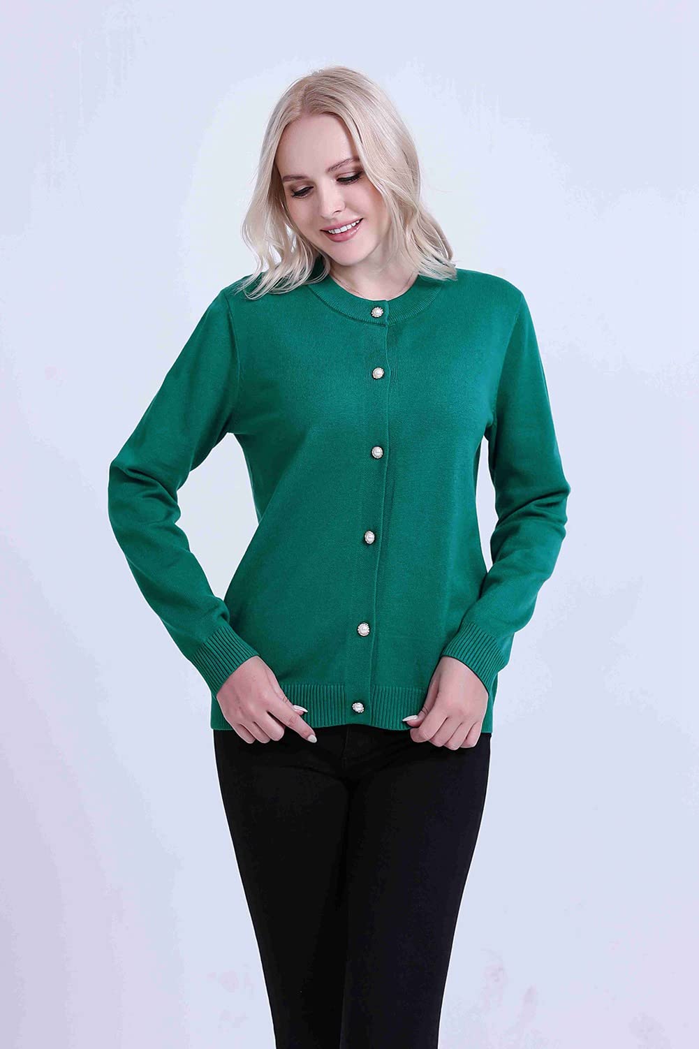 SMILING PINKER Women Cardigan Sweater Crewneck Pearl Button Knitted Tops Medium Weight