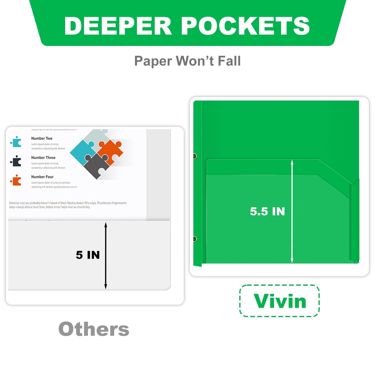 Chemises en plastique épais ViVin avec pochettes et broches, deux poches, poche avant transparente et onglets de maintien, lot de 6, pour papier au format lettre US, pour l'école et le bureau - Blanc