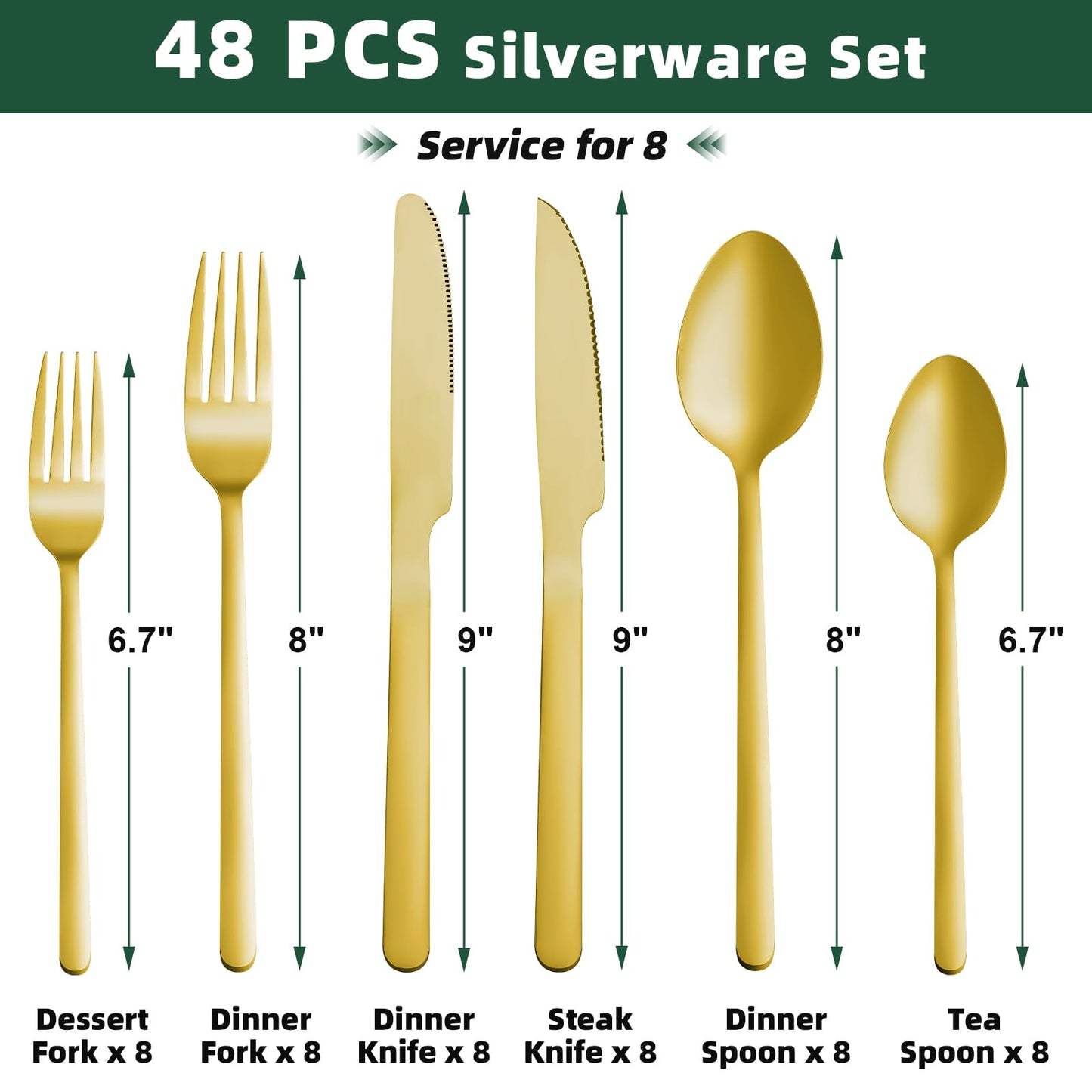 24 Pcs Gold Silverware Set with Steak Knives, Food-Grade Stainless Steel Flatware Cutlery Set for 4, Mirror Polished Tableware Eating Utensils Set for Kitchen, Knife Fork Spoon Set, Dishwasher Safe