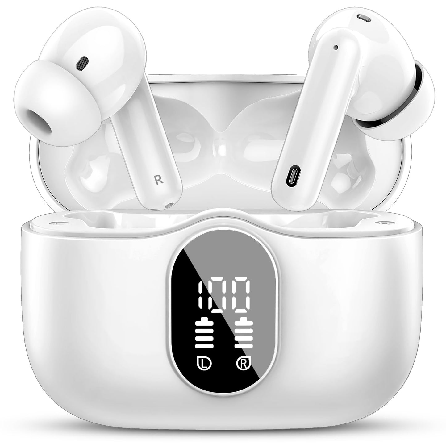Wireless Earbuds Bluetooth 5.4 Headphones Bass Stereo Ear Buds with Noise Cancelling Mic LED Display in Ear Earphones IP7 Waterproof 36H Playtime for Laptop Pad Phones Sports Workout White