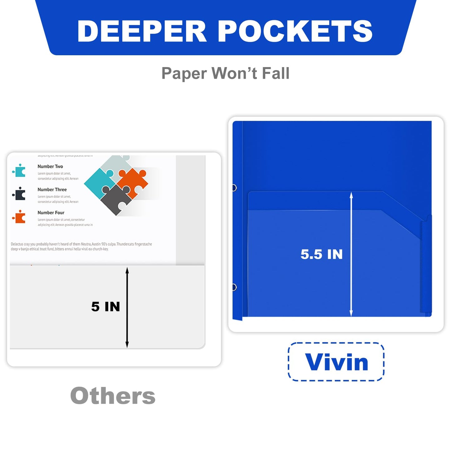 Chemises en plastique épais ViVin avec pochettes et broches, deux poches, poche avant transparente et onglets de maintien, lot de 6, pour papier au format lettre US, pour l'école et le bureau - Blanc