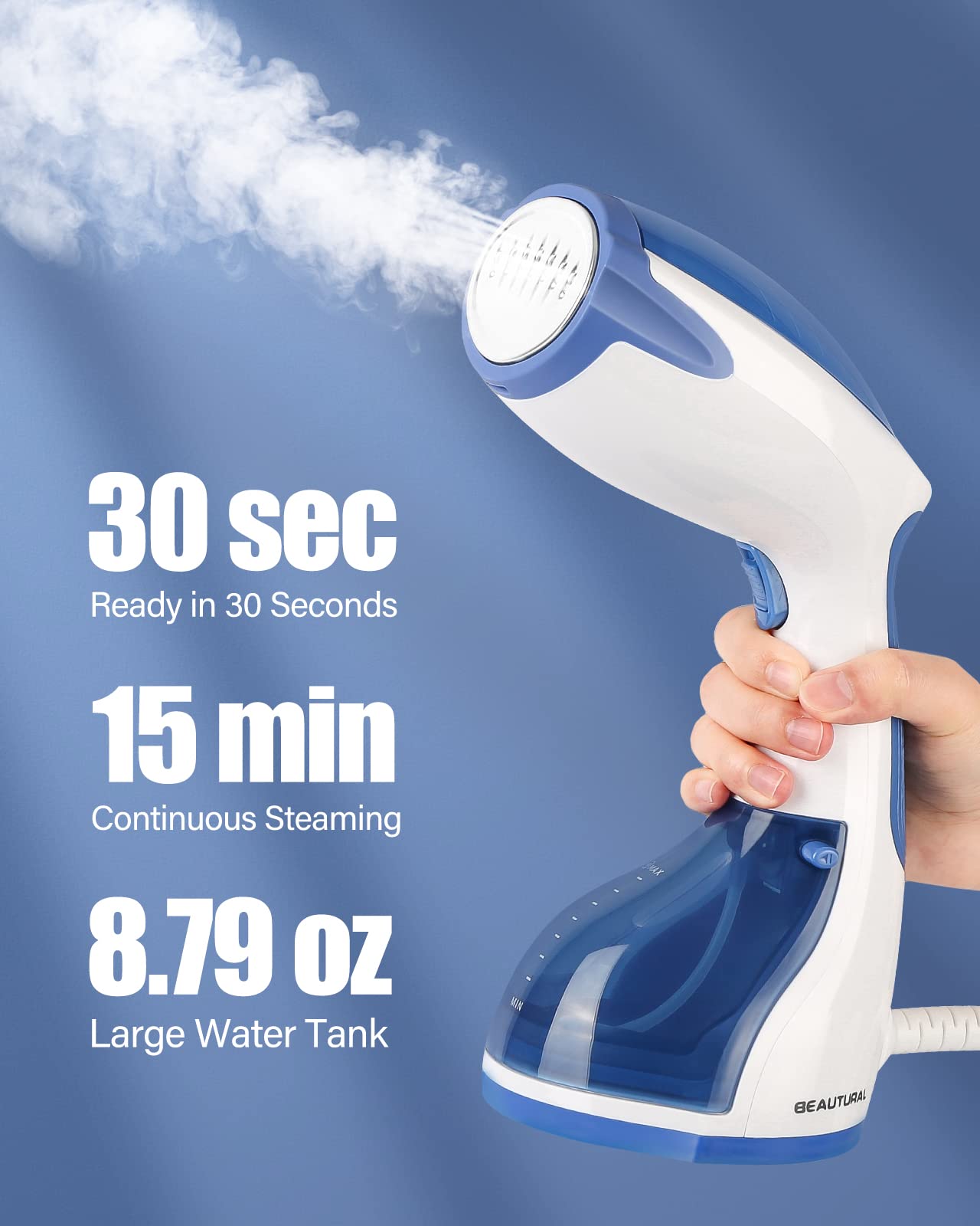 BEAUTURAL Steamer for Clothes, Portable Handheld Garment Fabric Wrinkles Remover, 30-Second Fast Heat-up, Auto-Off, Large Detachable Water Tank