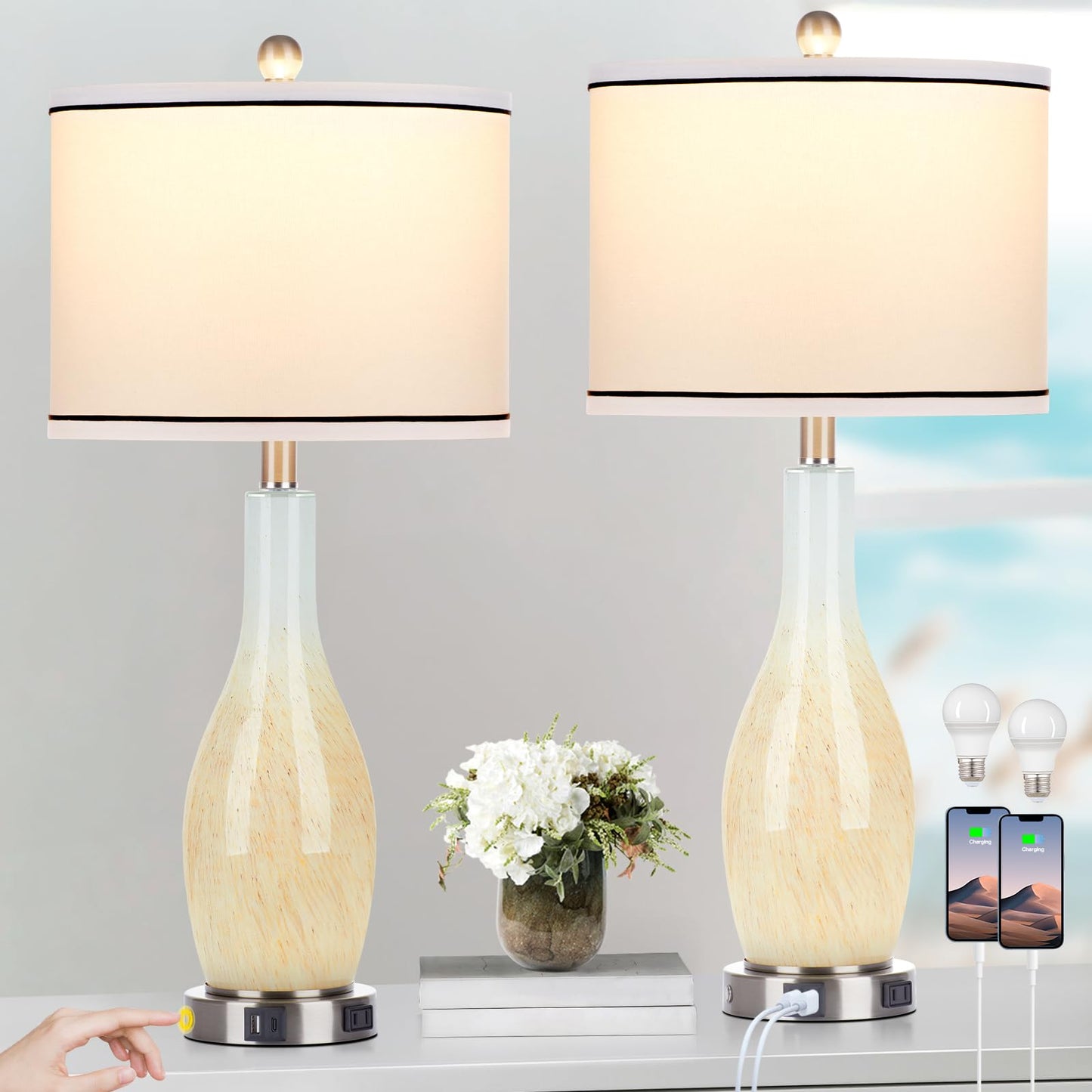 27-Zoll-Tischlampen aus Glas, 2er-Set mit Nachtlicht, moderne Nachttischlampen mit 3-Wege-Touch-Steuerung, USB-A+C-Anschlüssen und AC-Steckdose, gelbe Nachttischlampen im Boho-Stil für das Wohnzimmer im Schlafzimmer