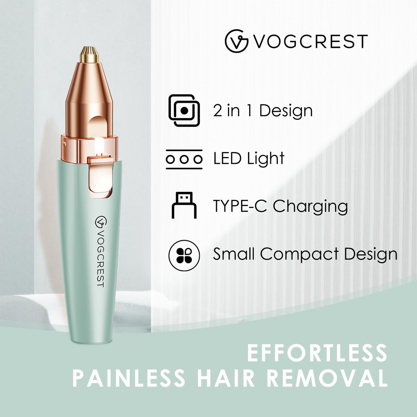 Eyebrow Facial Trimmer: 2 in1 Rechargeable Facial Hair Removal and Eyebrow Shaver - Face Lips Body Painless Facial Razor with Built-in LED Light (Rose Gold)