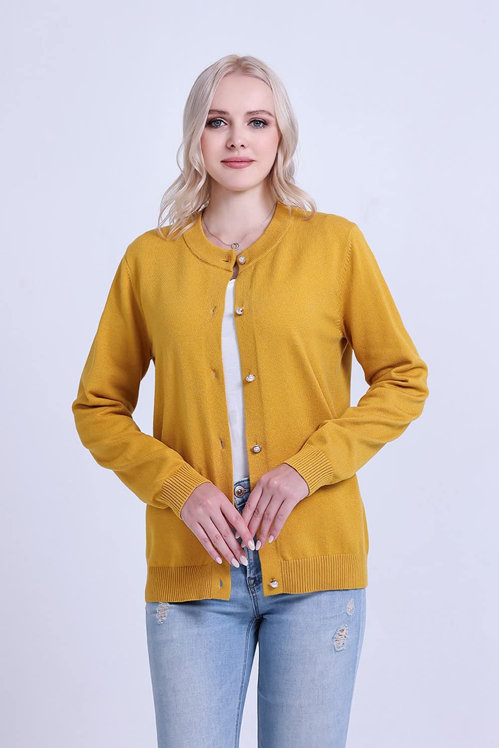 SMILING PINKER Women Cardigan Sweater Crewneck Pearl Button Knitted Tops Medium Weight