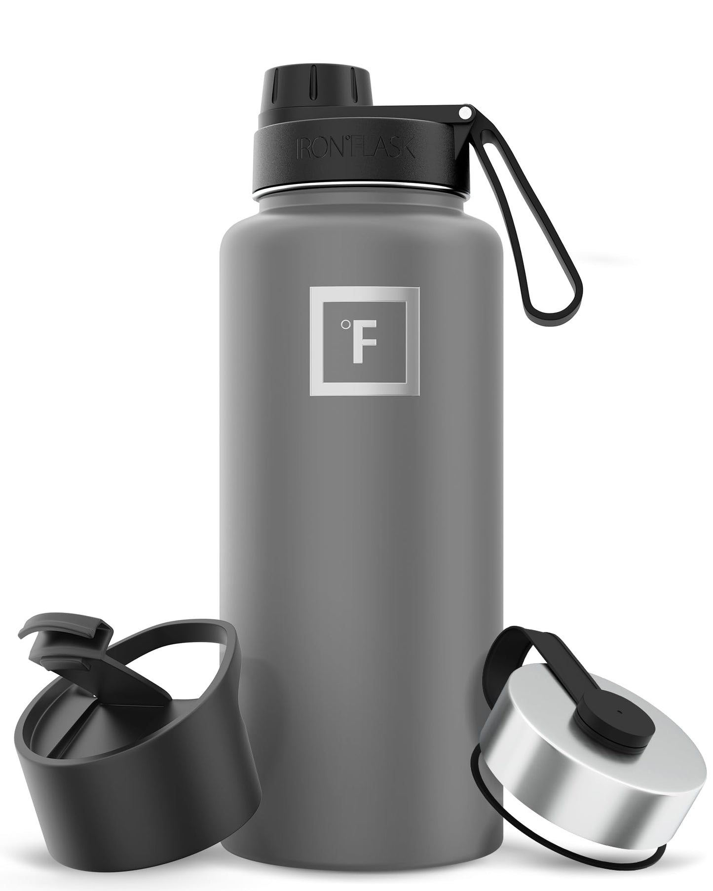 IRON °FLASK Camping & Hiking Hydration Flask with 3 Lids - Stainless Steel, Double Walled & Vacuum Insulated Water Bottle - Leak Proof & BPA Free (Dark Night, Straw - 32 oz)