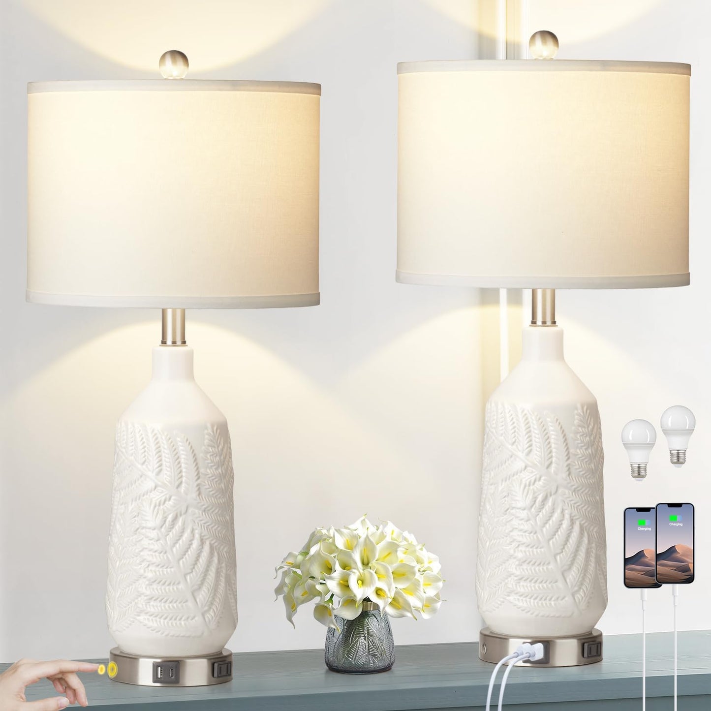 27-Zoll-Tischlampen aus Glas, 2er-Set mit Nachtlicht, moderne Nachttischlampen mit 3-Wege-Touch-Steuerung, USB-A+C-Anschlüssen und AC-Steckdose, gelbe Nachttischlampen im Boho-Stil für das Wohnzimmer im Schlafzimmer