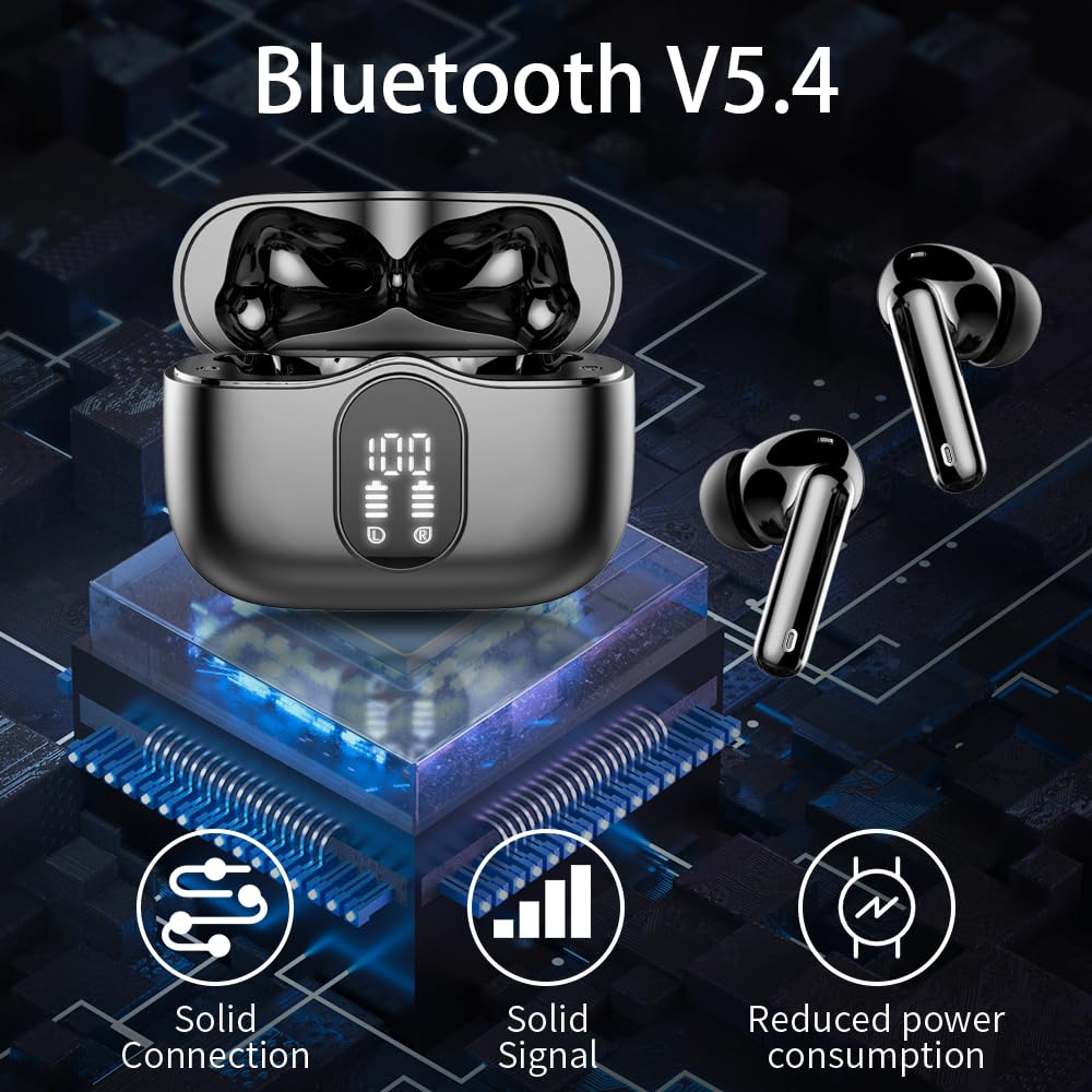 Wireless Earbuds Bluetooth 5.4 Headphones Bass Stereo Ear Buds with Noise Cancelling Mic LED Display in Ear Earphones IP7 Waterproof 36H Playtime for Laptop Pad Phones Sports Workout White