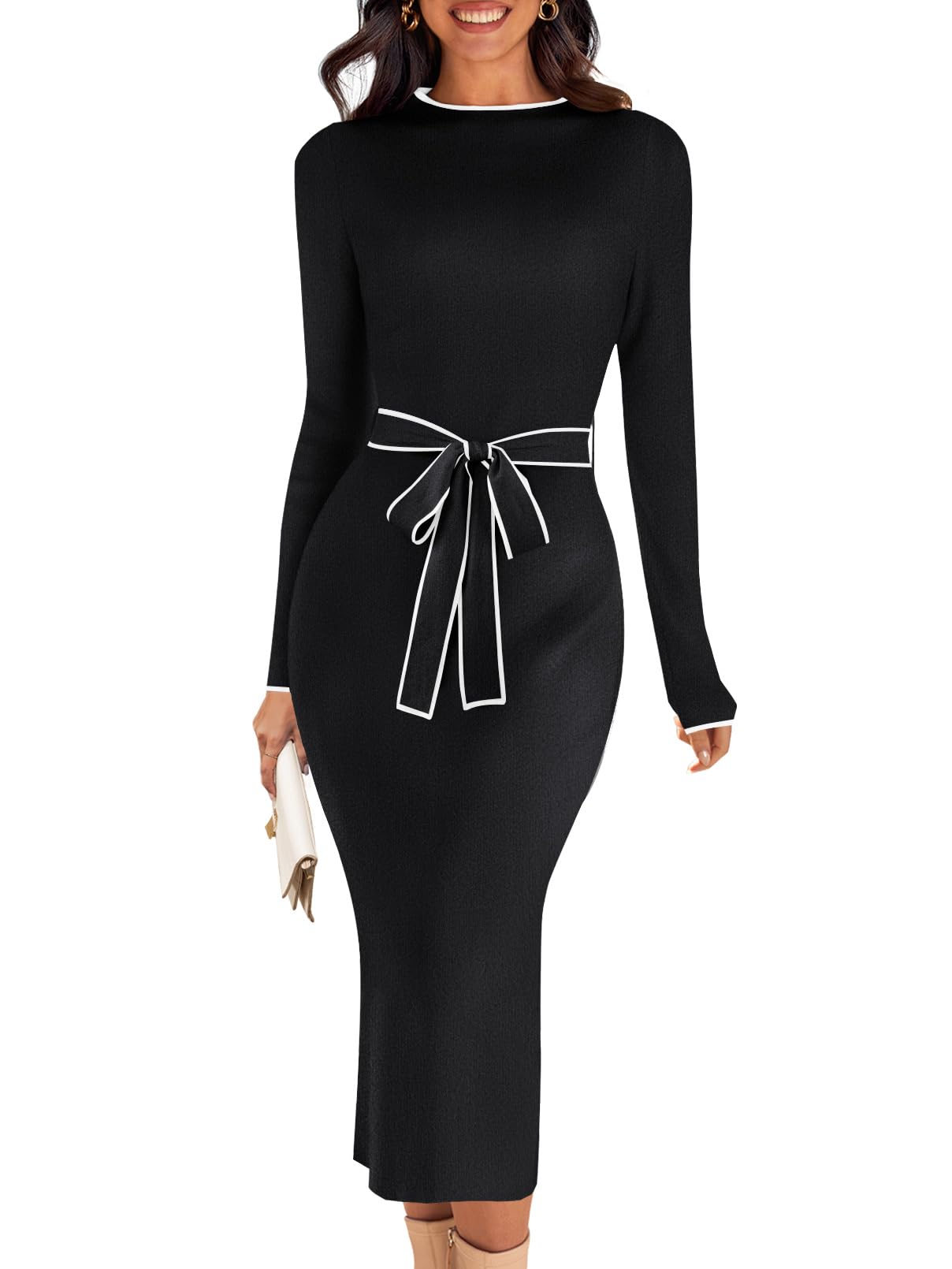 MEROKEETY Robe pull mi-longue à manches longues pour femme 2024 Robe moulante en tricot à col montant et à taille nouée