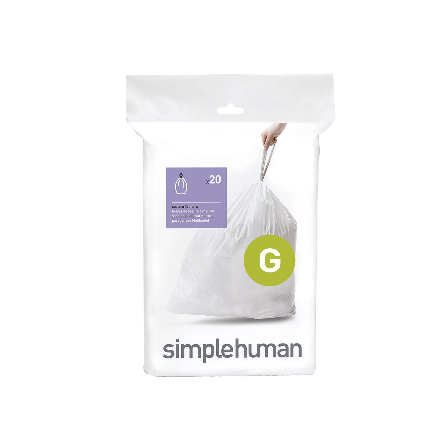 simplehuman Code H 60 Count, Genuine Custom Fit Liners, Drawstring Trash Bags in Dispenser Packs, 30-35 Liter / 8-9.2 Gallon, White