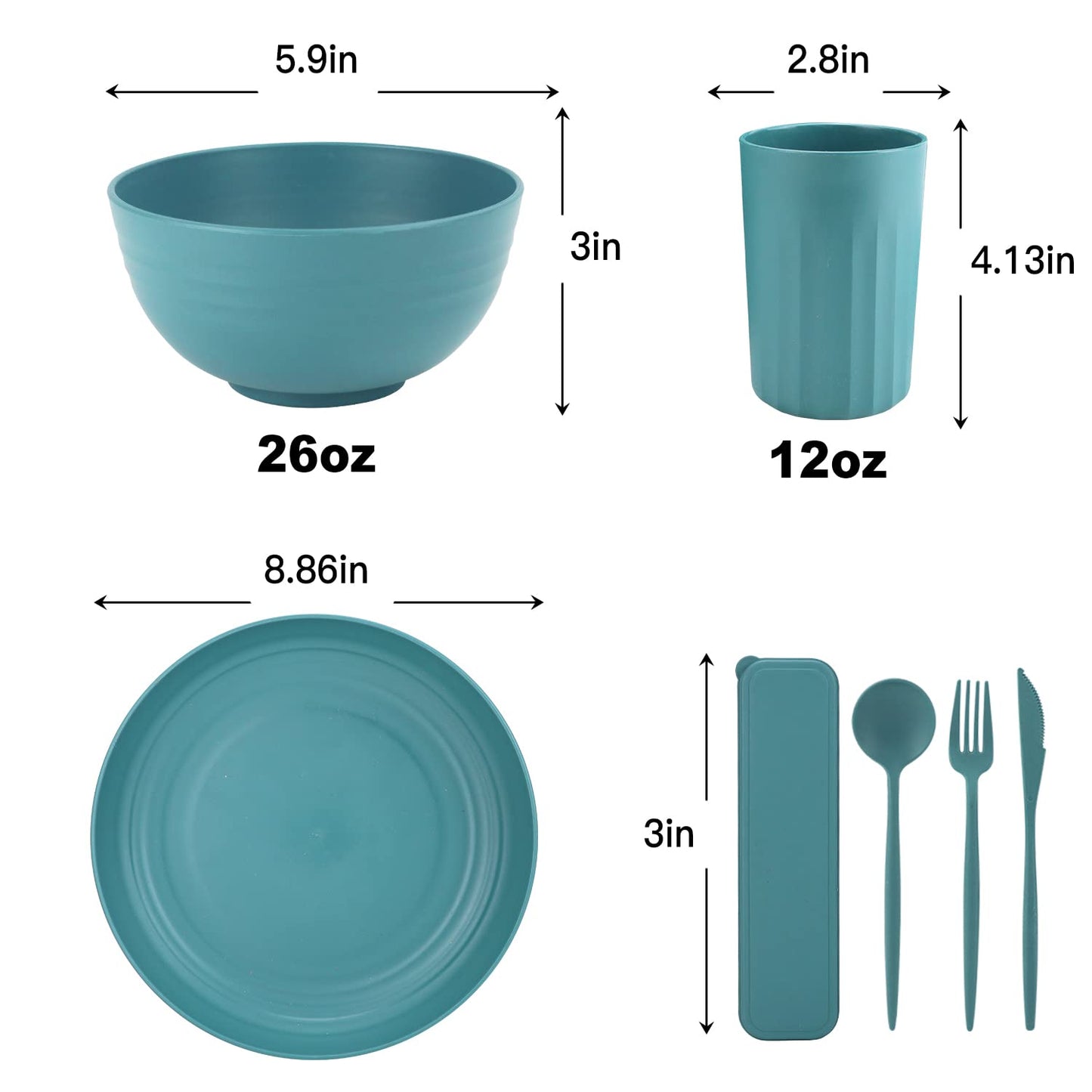 28 Piece Wheat Straw Dinnerware Sets,Dishwasher & Microwave Safe Plates and Bowls Sets - Unbreakable Plastic Dinnerware Sets for 4 Dinner Plates, Cups, Cereal Bowls - Colorful Series