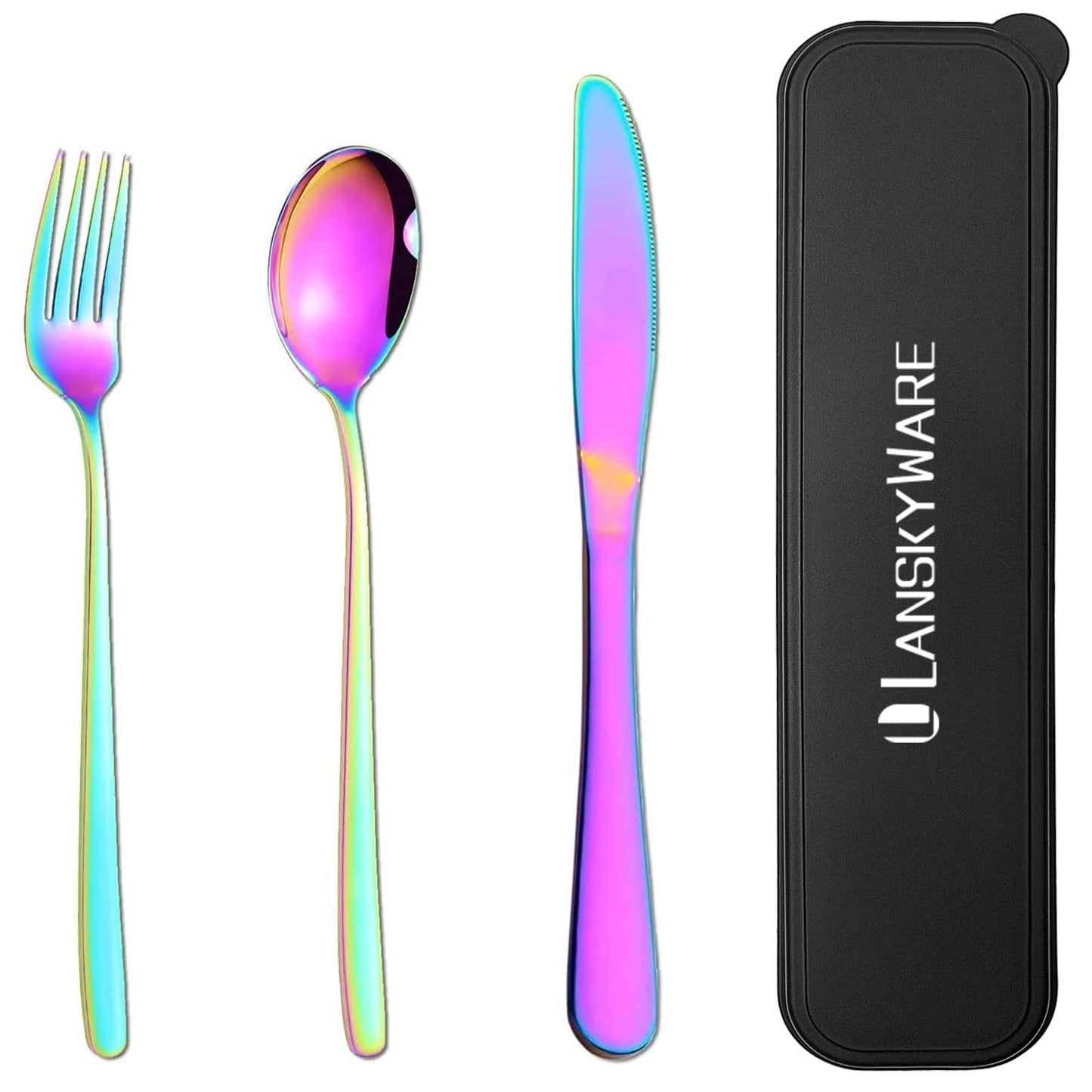 Portable Travel Utensils Set, 18/8 Stainless Steel 3 PCS Cutlery Set Including Knife Fork and Spoon, Reusable Travel Silverware Set with Case for Lunch Box Camping School Office