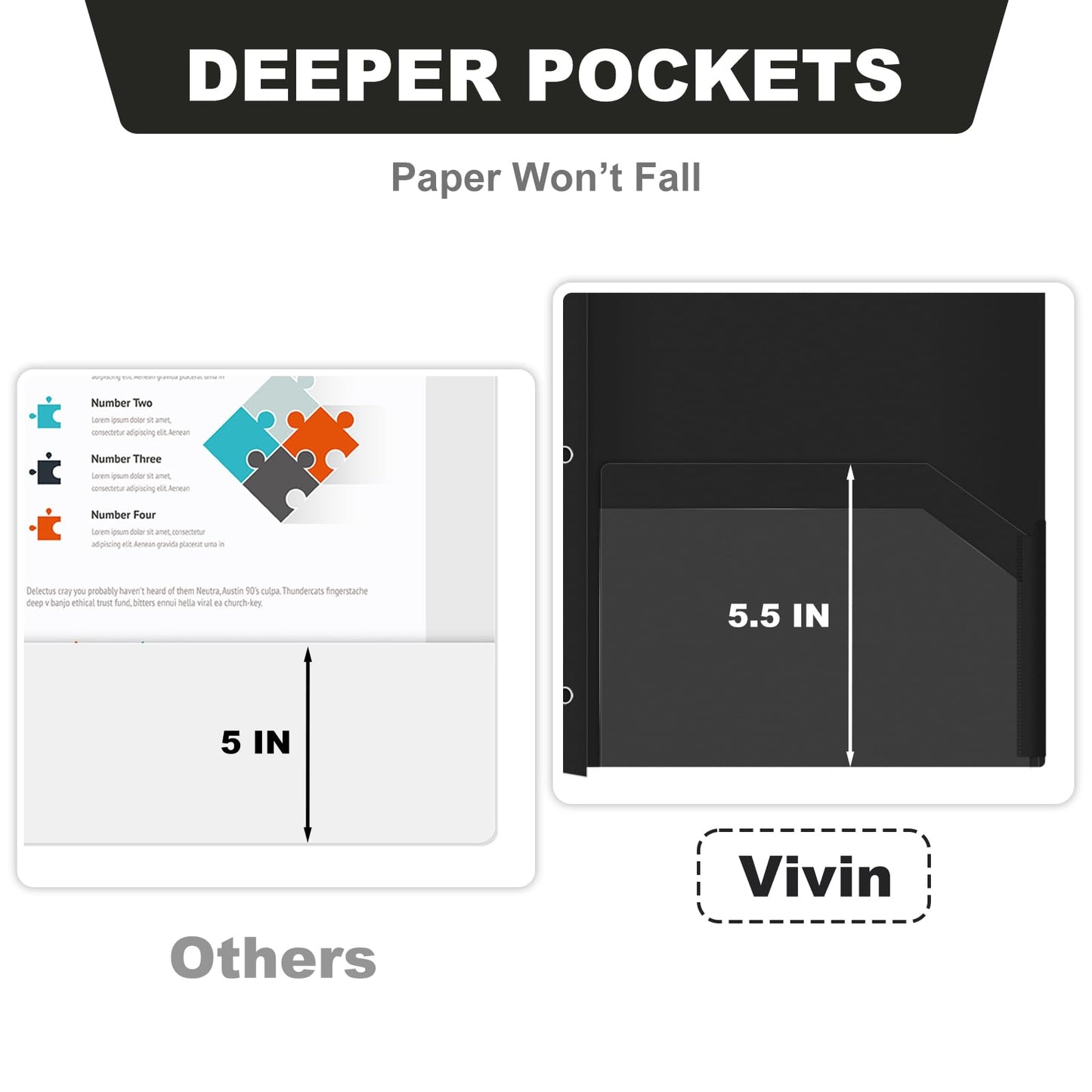 Chemises en plastique épais ViVin avec pochettes et broches, deux poches, poche avant transparente et onglets de maintien, lot de 6, pour papier au format lettre US, pour l'école et le bureau - Blanc