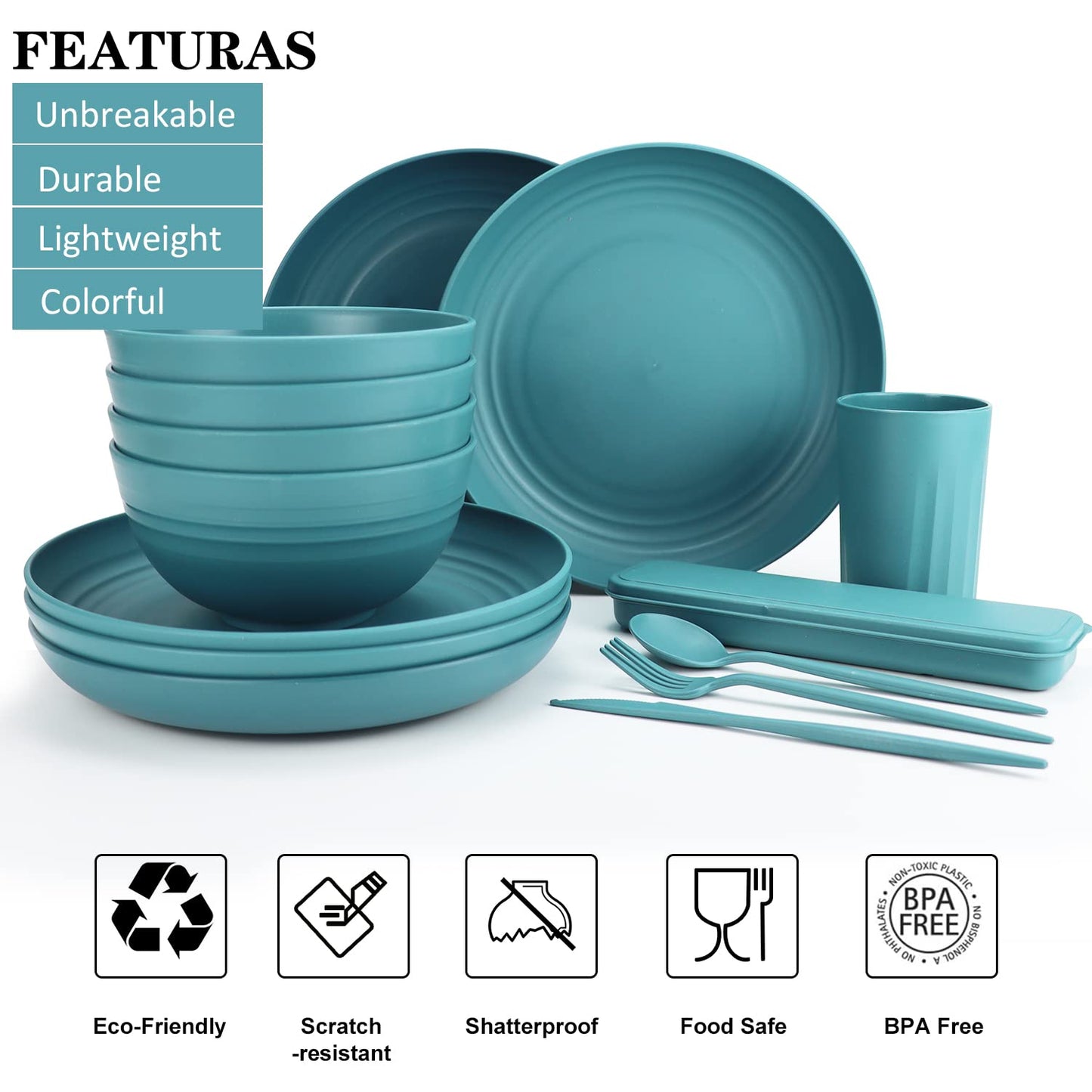 28 Piece Wheat Straw Dinnerware Sets,Dishwasher & Microwave Safe Plates and Bowls Sets - Unbreakable Plastic Dinnerware Sets for 4 Dinner Plates, Cups, Cereal Bowls - Colorful Series