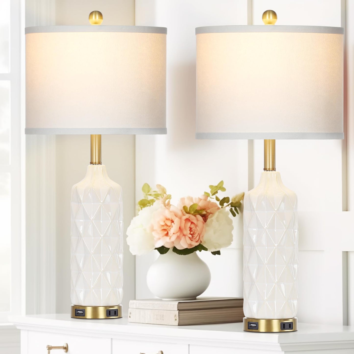 27-Zoll-Tischlampen aus Glas, 2er-Set mit Nachtlicht, moderne Nachttischlampen mit 3-Wege-Touch-Steuerung, USB-A+C-Anschlüssen und AC-Steckdose, gelbe Nachttischlampen im Boho-Stil für das Wohnzimmer im Schlafzimmer