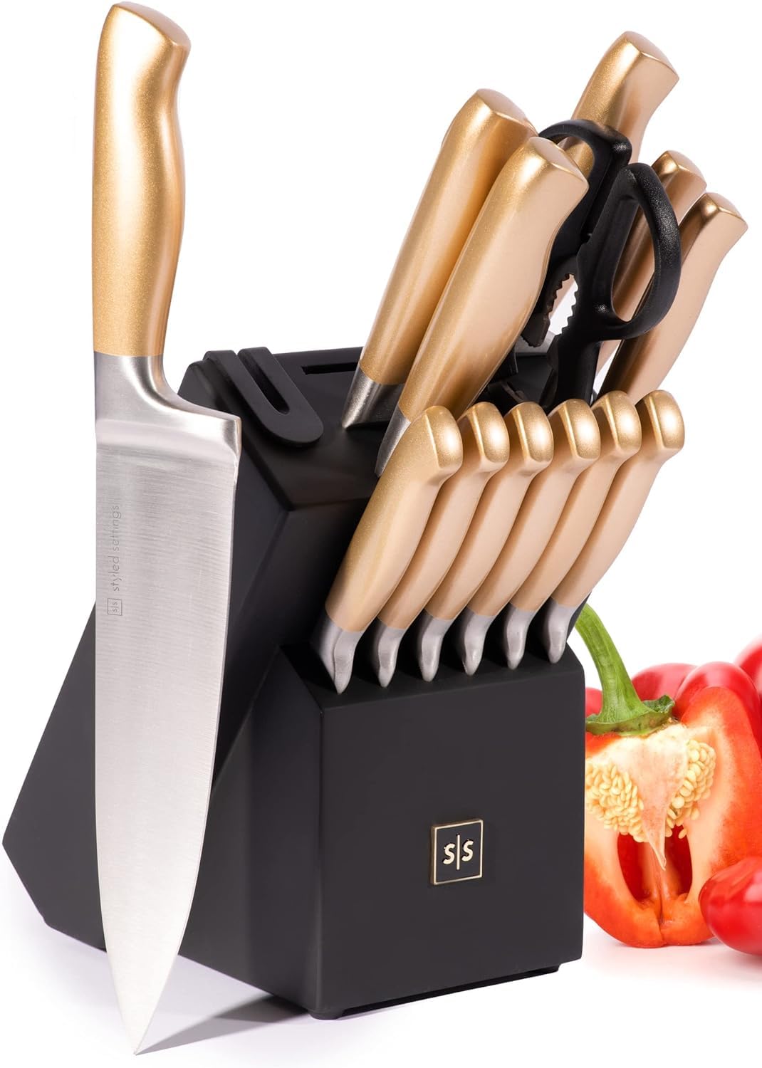 Kupfermesserset mit Block – 14-teiliges selbstschärfendes Messerblockset – Roségoldenes Messerset und schwarzer Messerblock mit Schärfer – Küchenzubehör und Dekor aus Kupfer