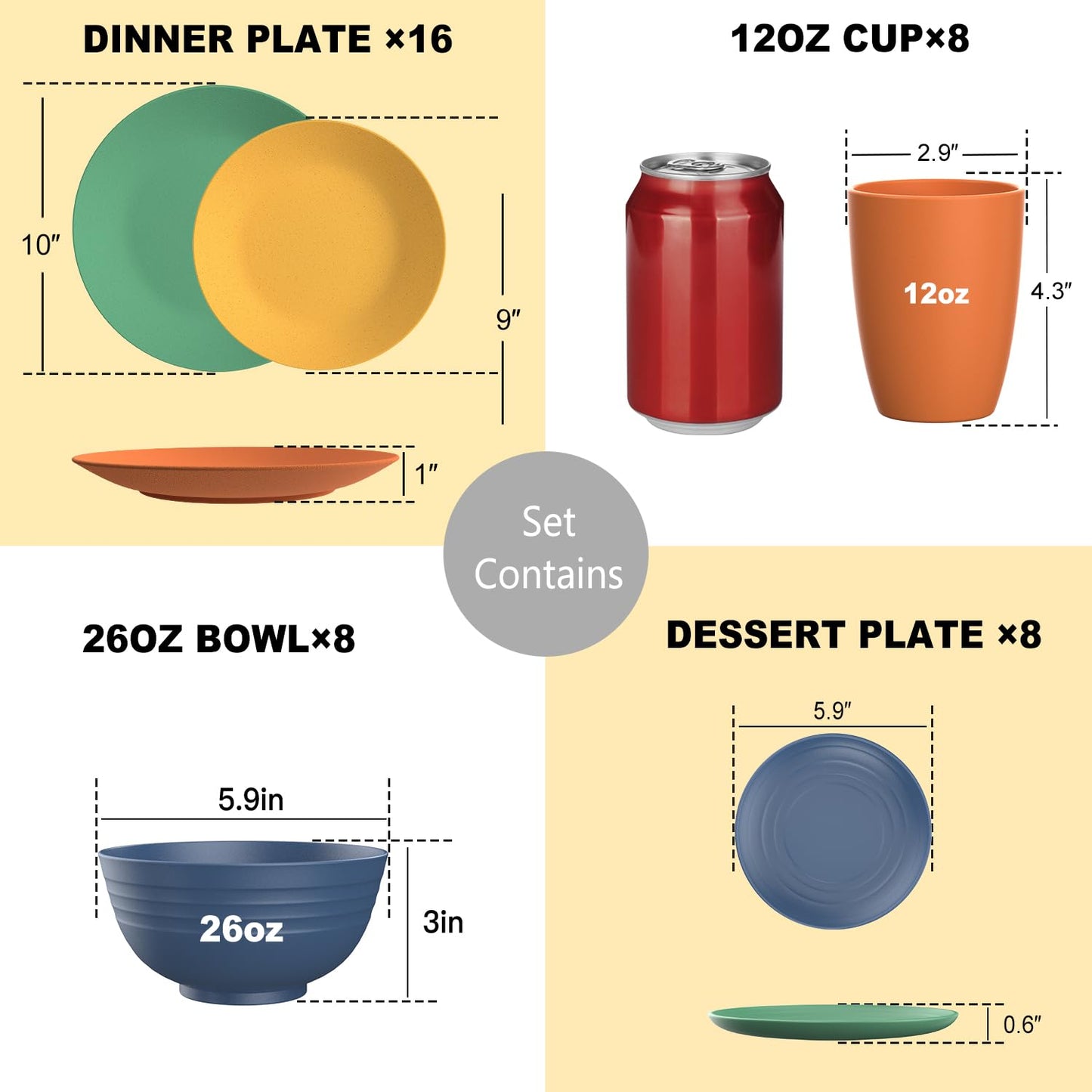 28 Piece Wheat Straw Dinnerware Sets,Dishwasher & Microwave Safe Plates and Bowls Sets - Unbreakable Plastic Dinnerware Sets for 4 Dinner Plates, Cups, Cereal Bowls - Colorful Series