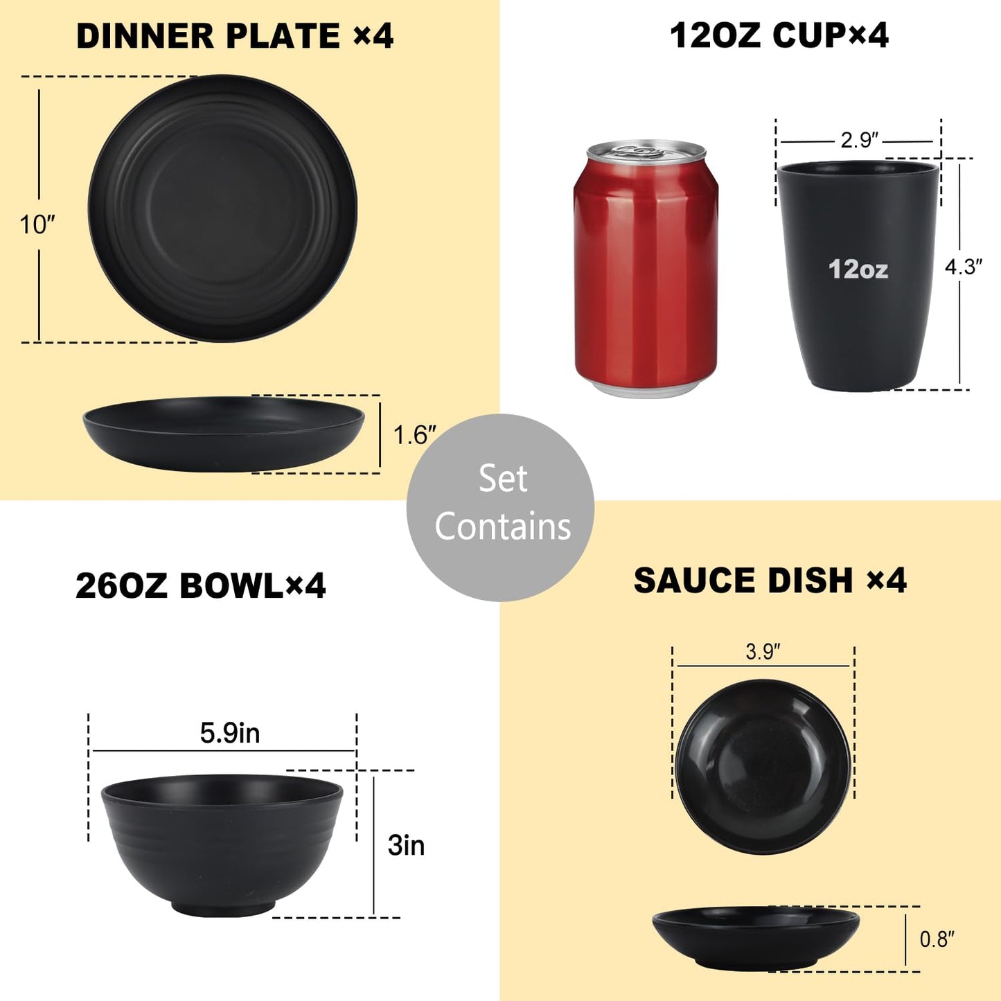 28 Piece Wheat Straw Dinnerware Sets,Dishwasher & Microwave Safe Plates and Bowls Sets - Unbreakable Plastic Dinnerware Sets for 4 Dinner Plates, Cups, Cereal Bowls - Colorful Series