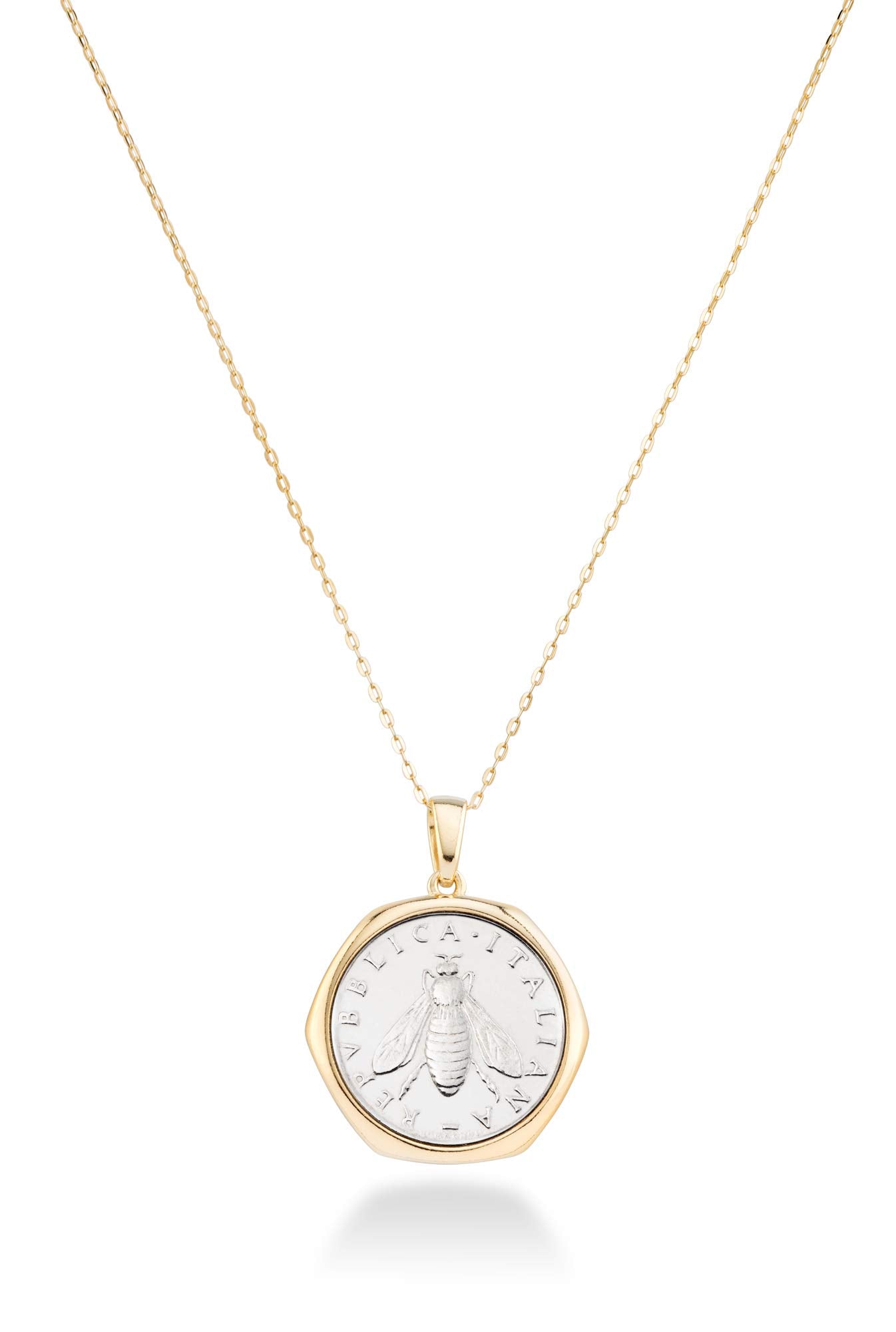 Miabella Italienische Halskette mit Medaillon-Anhänger für Damen, 18 Karat Gold über 925er Sterlingsilber, echte 2-Lira-Bienenmünze, 45,7 cm Kette, hergestellt in Italien