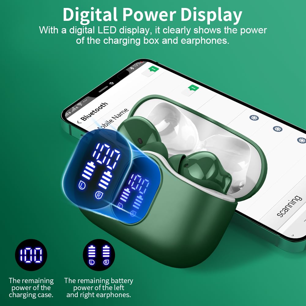 Wireless Earbuds Bluetooth 5.4 Headphones Bass Stereo Ear Buds with Noise Cancelling Mic LED Display in Ear Earphones IP7 Waterproof 36H Playtime for Laptop Pad Phones Sports Workout White