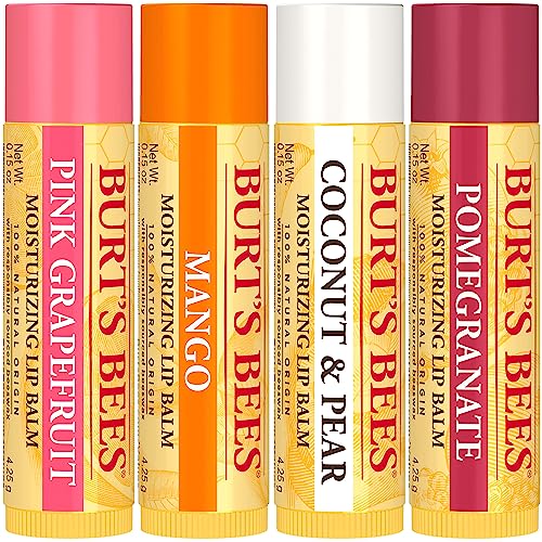 Lip Balm - Beeswax, Strawberry, Coconut and Pear, and Vanilla Bean, With Responsibly Sourced Beeswax, Tint-Free, Natural Origin Lip Treatment, 4 Tubes, 0.15 oz.
