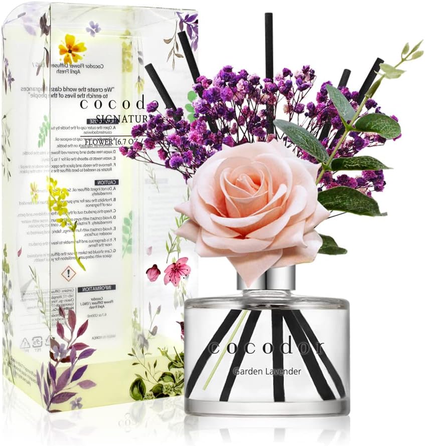 COCODOR Flower Reed Diffuser Set / 6.7oz / White Jasmine/Scent Diffuser with Sticks Home Fragrance Reed Diffuser for Bathroom Shelf Decor
