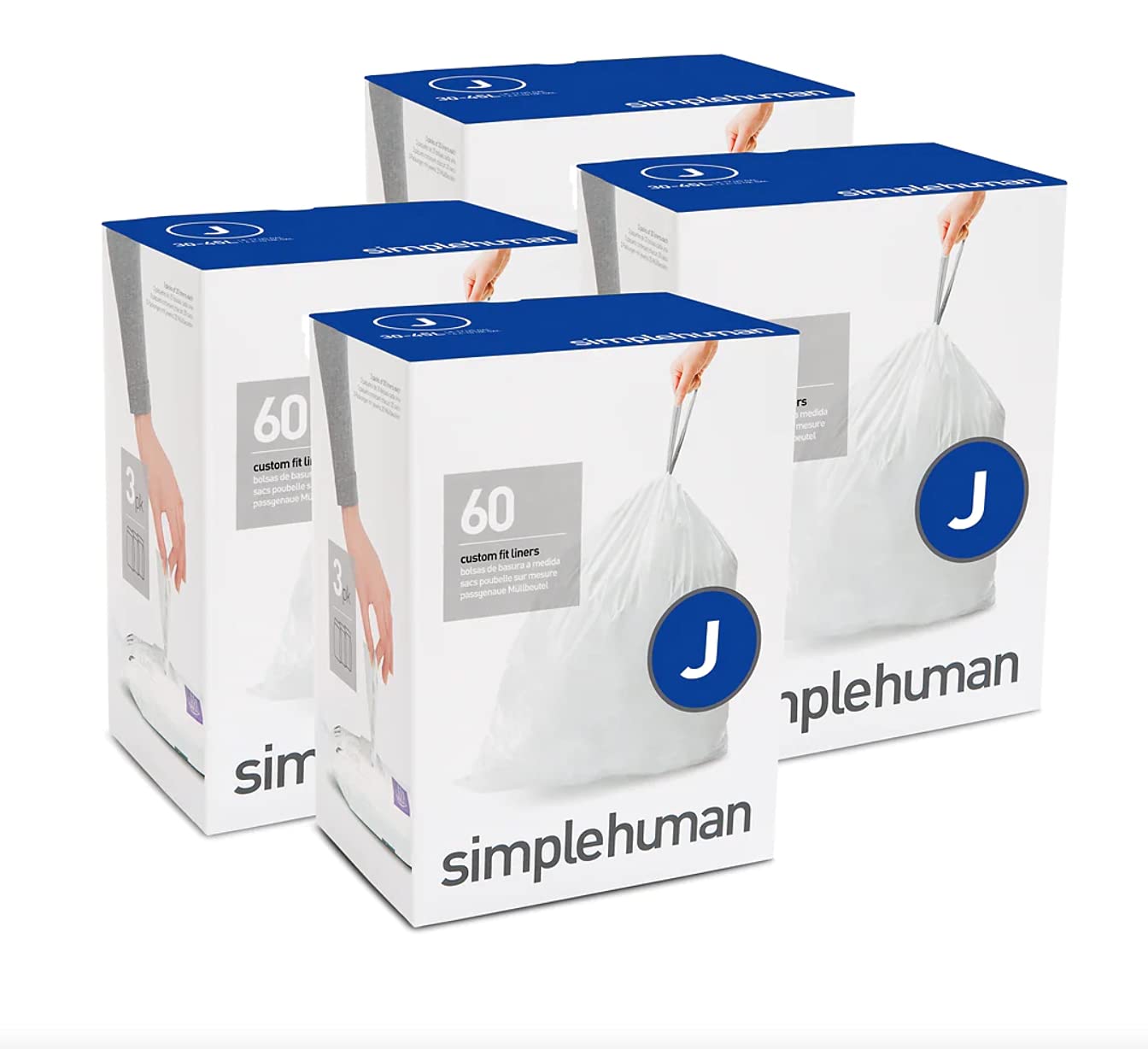 simplehuman Code H 60 Count, Genuine Custom Fit Liners, Drawstring Trash Bags in Dispenser Packs, 30-35 Liter / 8-9.2 Gallon, White