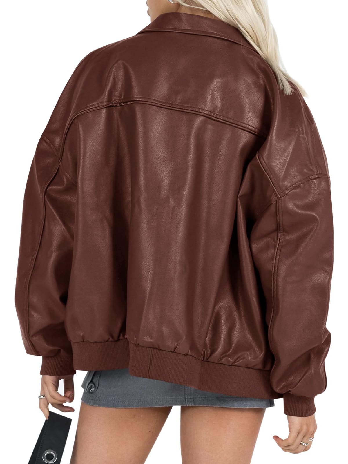 Tankaneo Womens Faux Leather Jackets Oversized Bomber Casual Fall Fashion Zip Up Moto Biker Coats