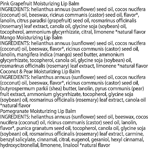 Lip Balm - Beeswax, Strawberry, Coconut and Pear, and Vanilla Bean, With Responsibly Sourced Beeswax, Tint-Free, Natural Origin Lip Treatment, 4 Tubes, 0.15 oz.
