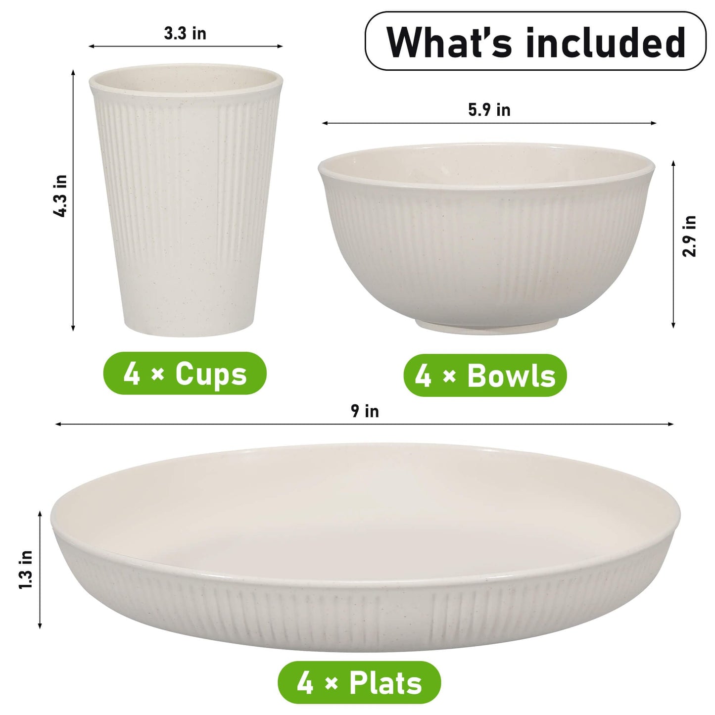 12pcs Wheat Straw Dinnerware Sets for 4, Kitchen Unbreakable Plates and Bowls Sets for College Dorm Apartment Reusable Beige