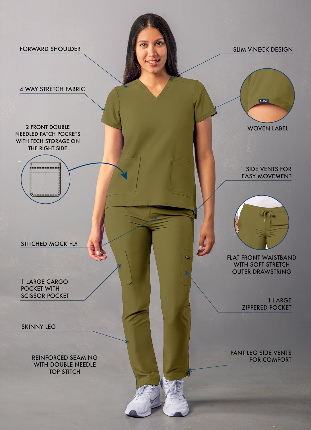 Ensemble de gommage Adar Addition Go-Basic pour femme - Haut de gommage slim à col en V et pantalon de gommage cargo skinny