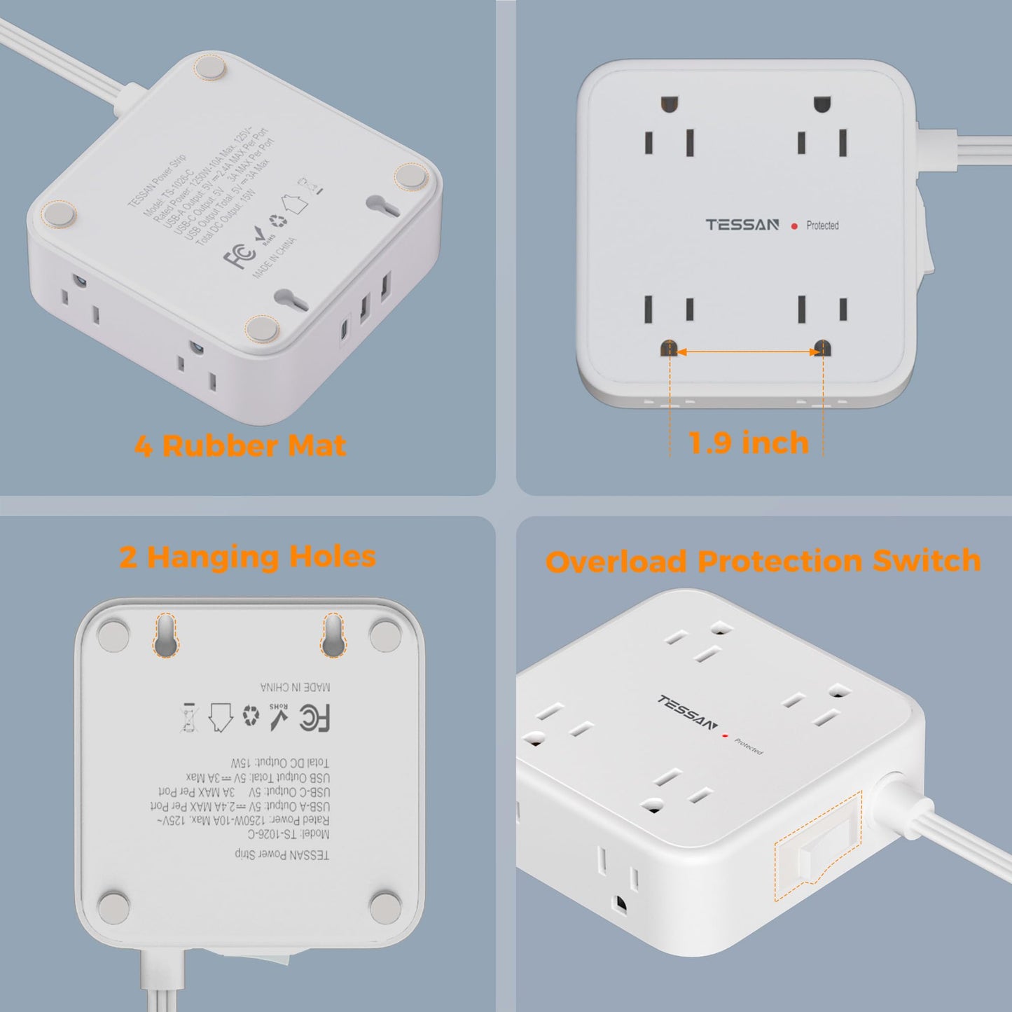 Surge Protector Flat Extension Cord Flat Plug Power Strip, 8 AC Outlets, 3 USB Charger(1 USB C Port) 3-Sided Outlet Extender, 5 Ft, 900 Joules Protection