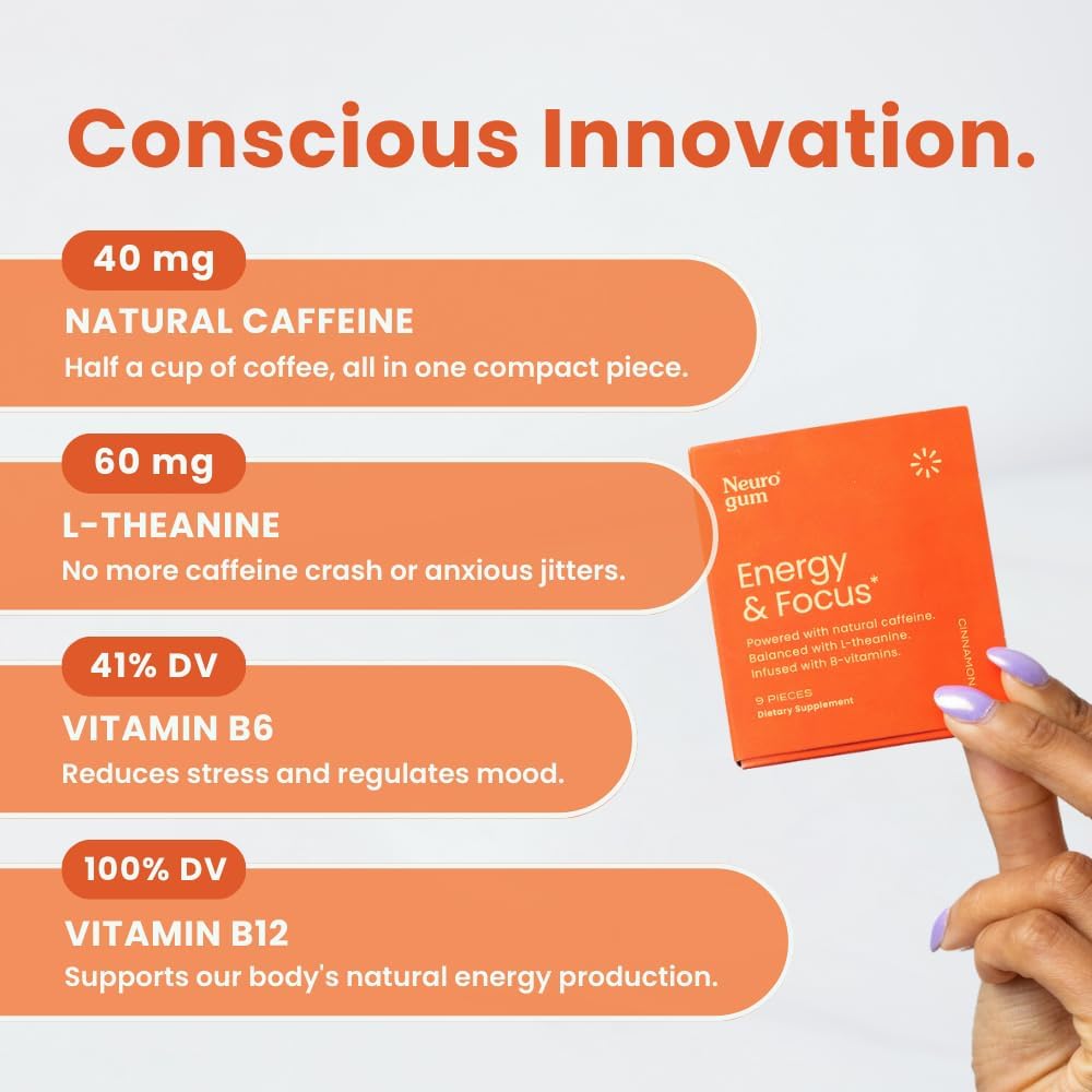 NeuroGum Energy Caffeine Gum (54 Count) - Sugar Free with L-theanine + Natural Caffeine + Vitamin B12 & B6 - Nootropic Energy & Focus Supplement for Women & Men - Keto & Vegan, Cinnamon Flavor