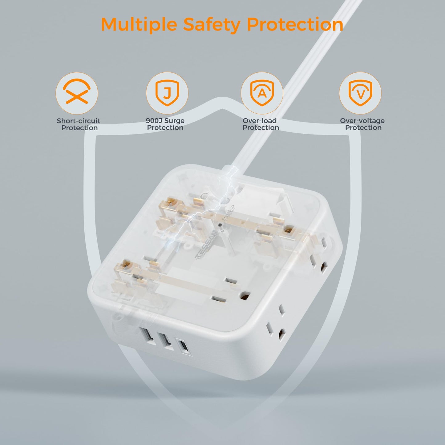 Surge Protector Flat Extension Cord Flat Plug Power Strip, 8 AC Outlets, 3 USB Charger(1 USB C Port) 3-Sided Outlet Extender, 5 Ft, 900 Joules Protection