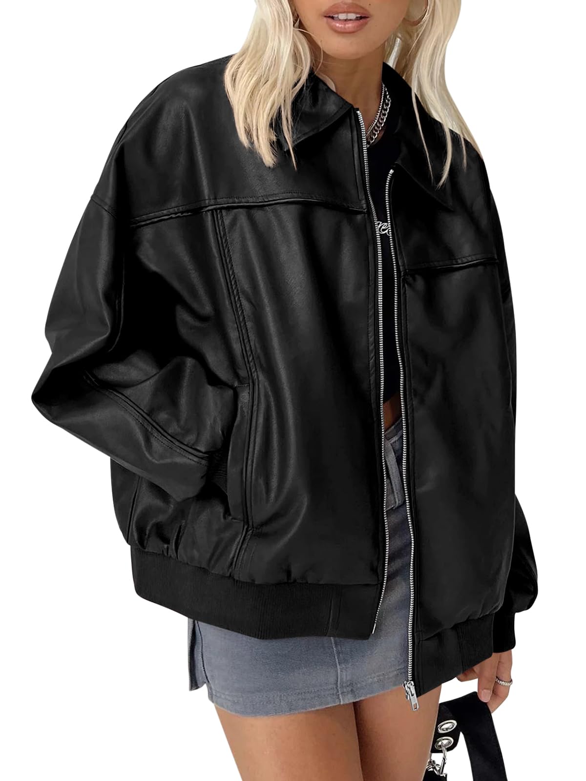 Tankaneo Womens Faux Leather Jackets Oversized Bomber Casual Fall Fashion Zip Up Moto Biker Coats