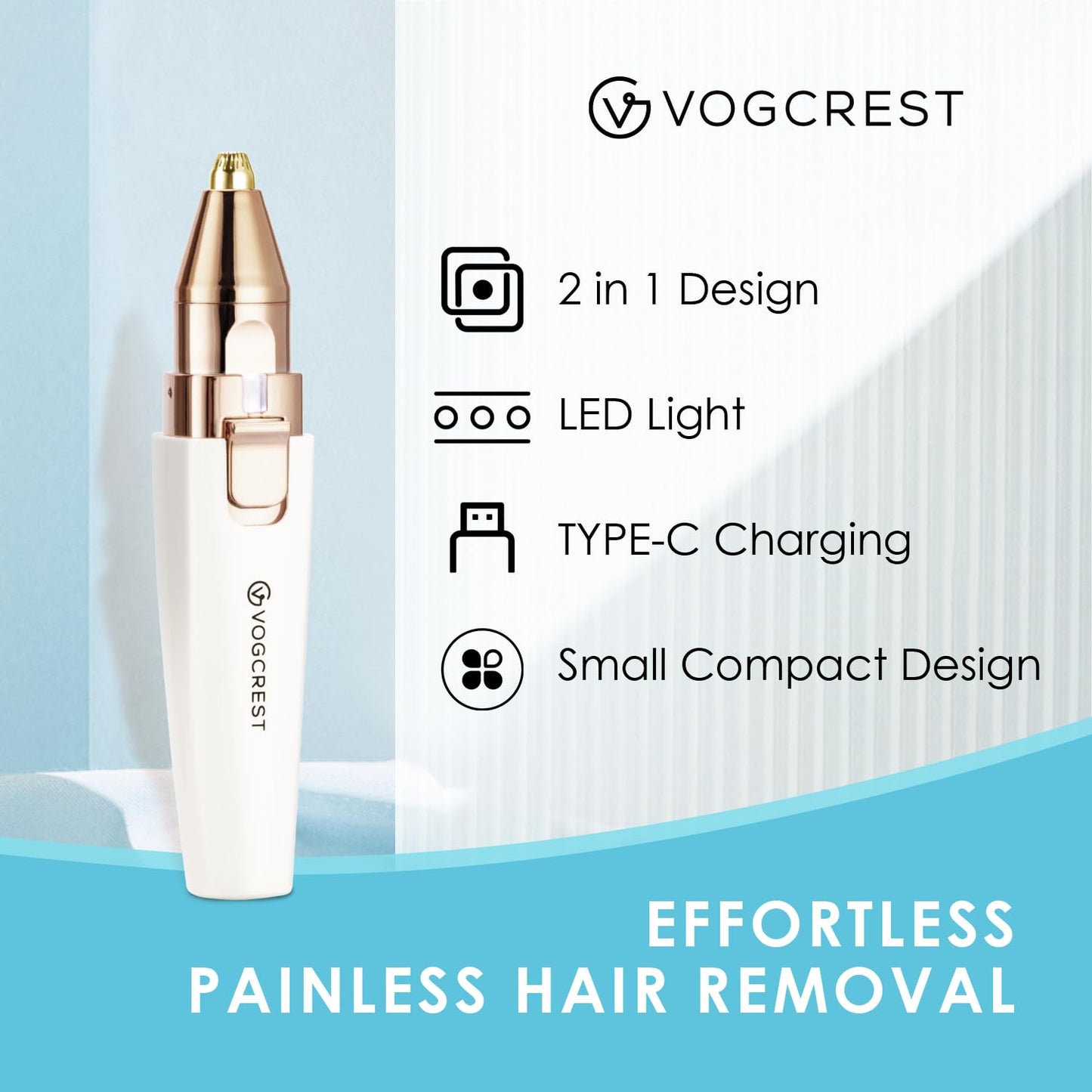 Eyebrow Facial Trimmer: 2 in1 Rechargeable Facial Hair Removal and Eyebrow Shaver - Face Lips Body Painless Facial Razor with Built-in LED Light (Rose Gold)