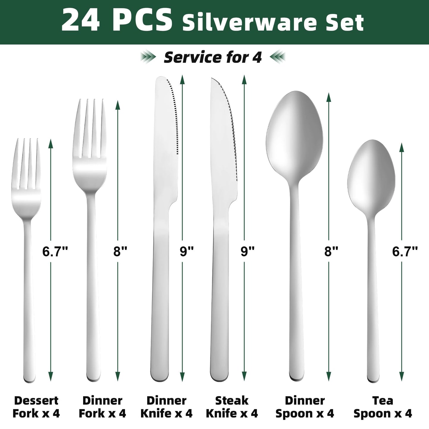 24 Pcs Gold Silverware Set with Steak Knives, Food-Grade Stainless Steel Flatware Cutlery Set for 4, Mirror Polished Tableware Eating Utensils Set for Kitchen, Knife Fork Spoon Set, Dishwasher Safe