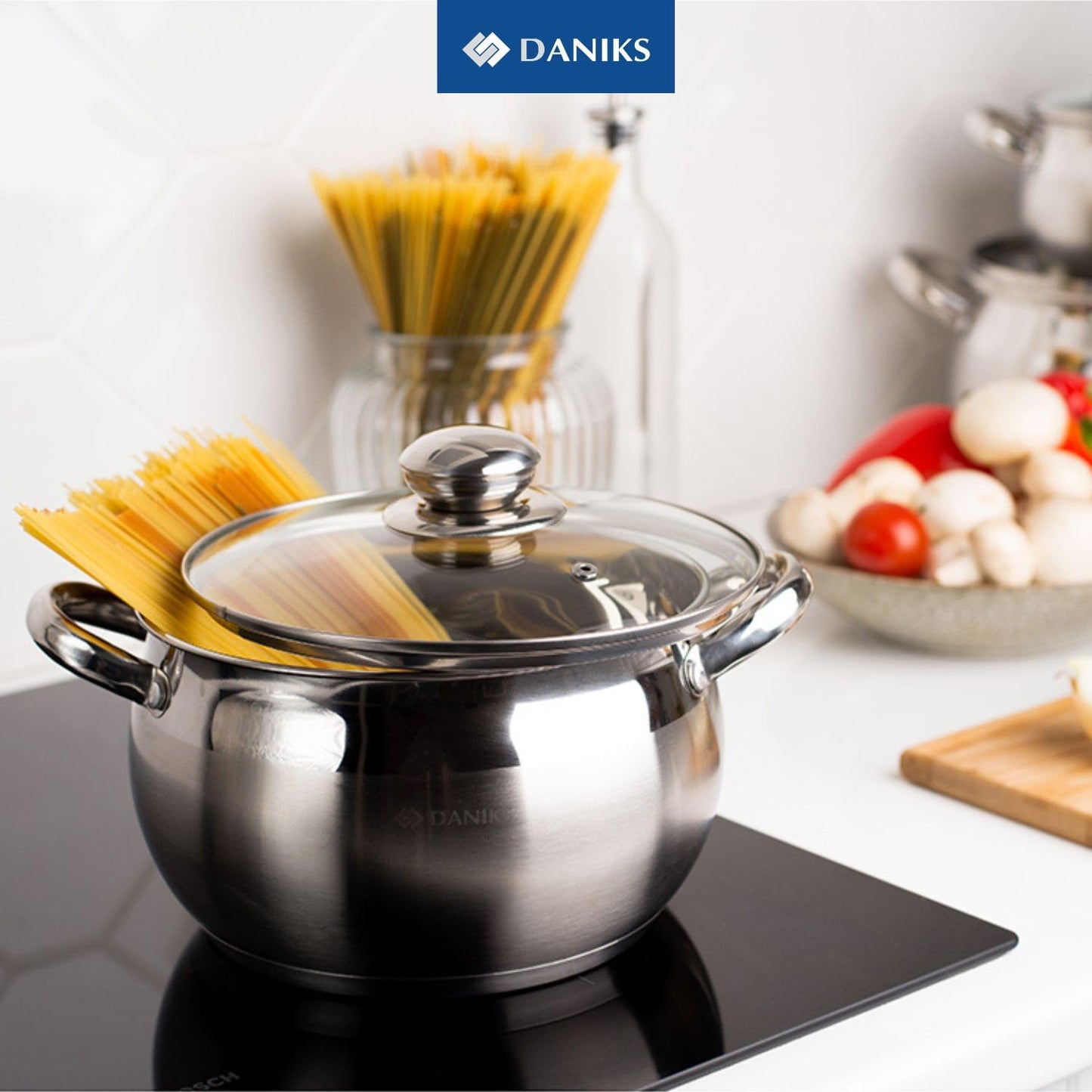 Daniks Classic Stainless Steel Kitchen Induction Pot Cookware Set | 12-Piece | Dishwasher Safe Pots with Lid | Saucepan + Frying Pan + Pots | Measuring Scale | Silver