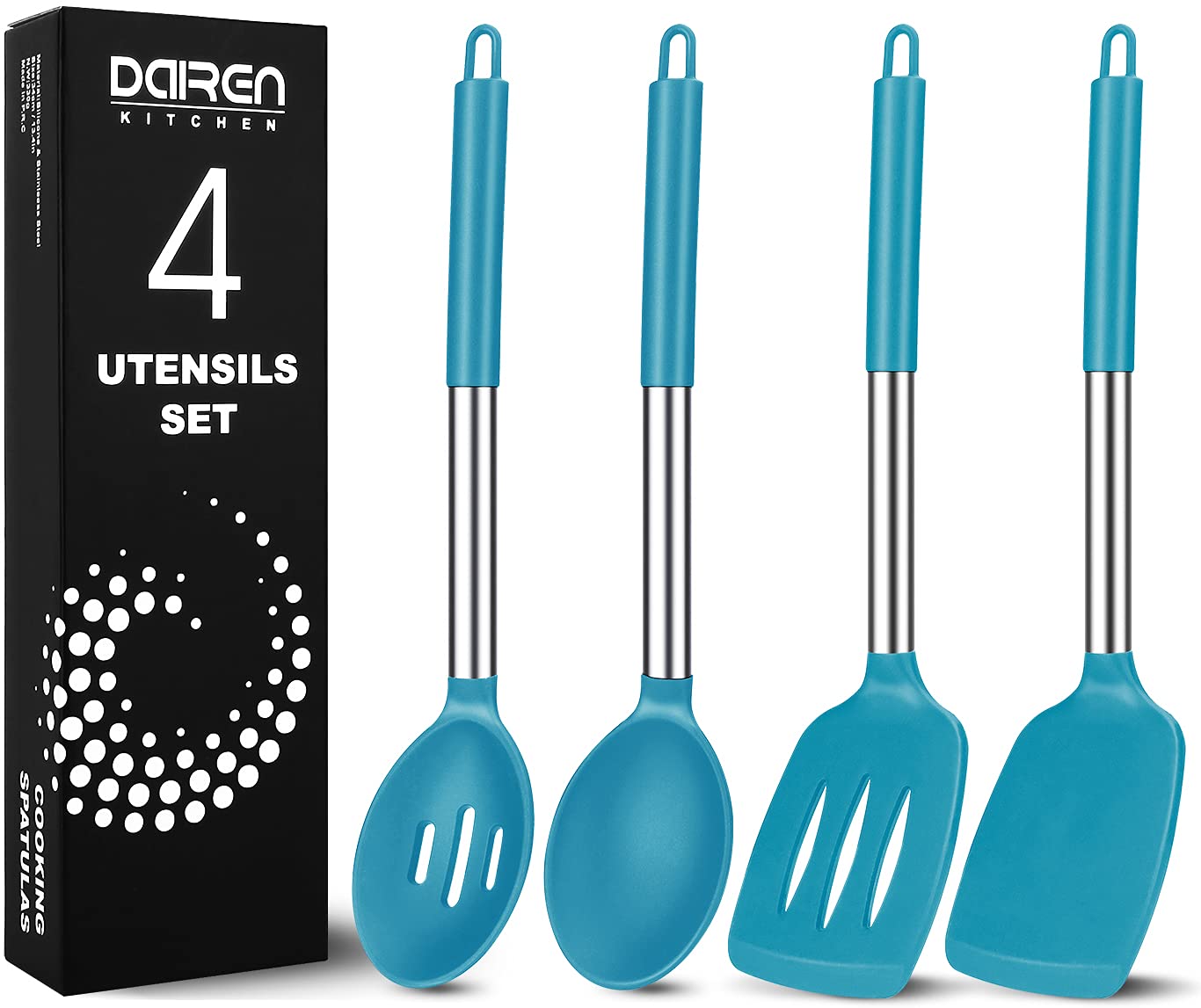 Pack of 4 Large Silicone Cooking Spatulas and Spoons, Slotted and Solid Stainless Steel Cooking Utensils Set, Non-stick Heat Resistant Kitchen for Baking, Fried, Stir-Fry, Mixing, Serving (Grey)