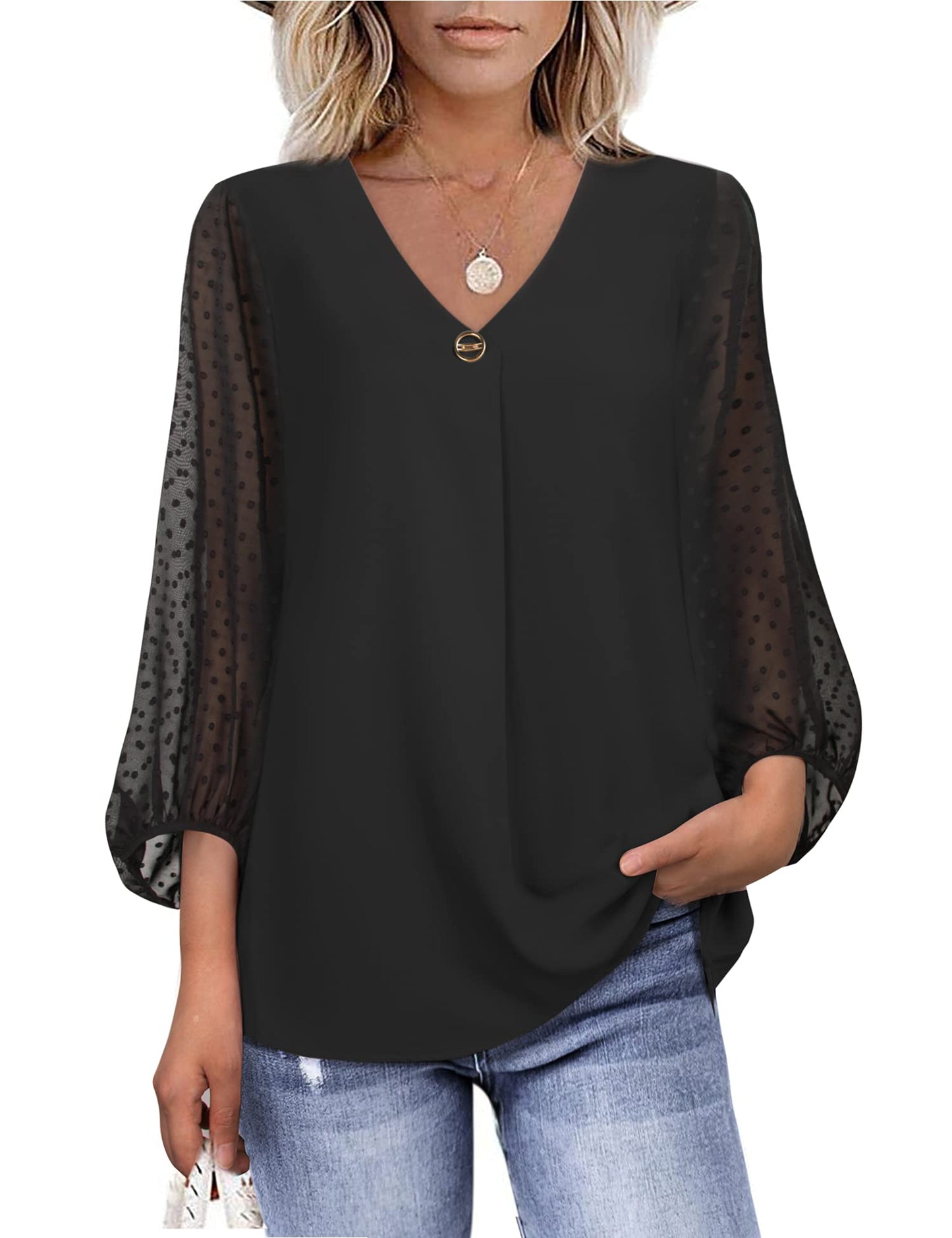 Bebonnie Damen Chiffonbluse mit Laternenmuster, 3/4-Ärmel, lässig, locker, V-Ausschnitt