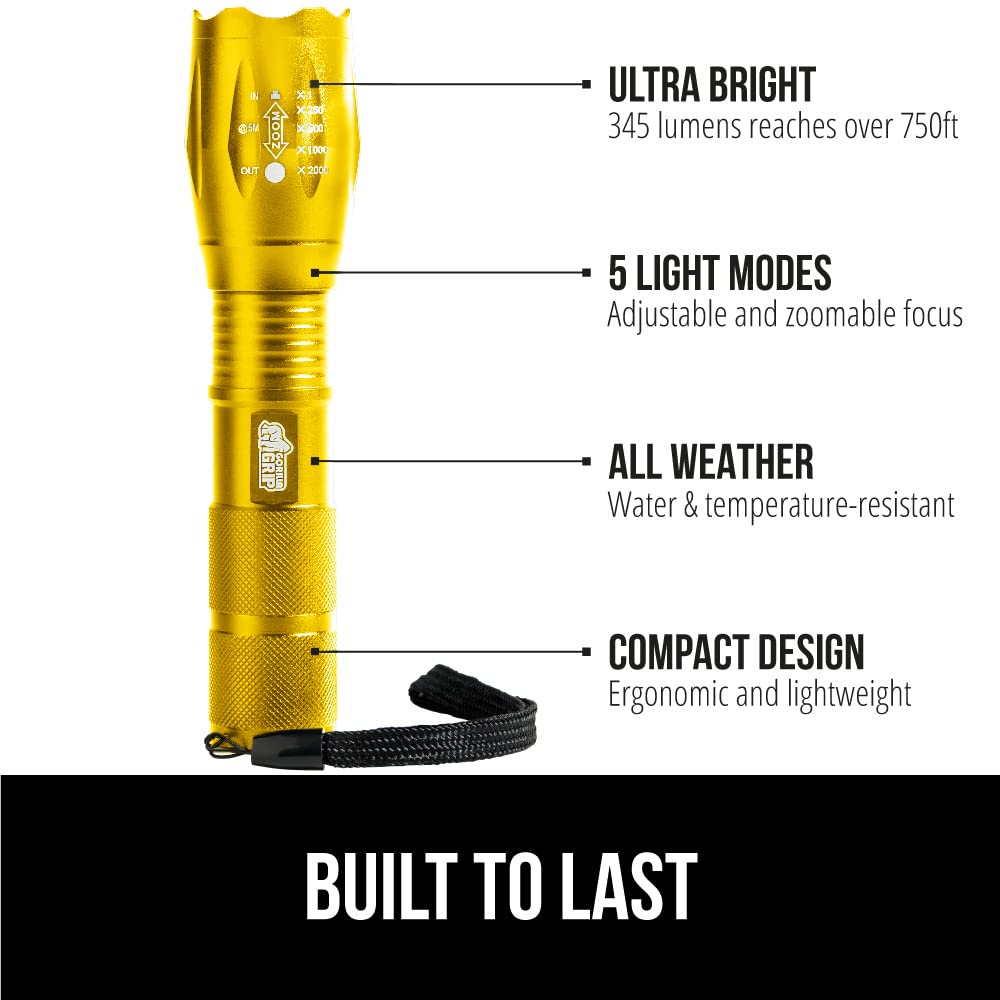 Gorilla Grip Leistungsstarke LED-Taschenlampe, 237 m, wasserfest, 5 einstellbare Modi, taktische Taschenlampe, hohe Lumen, ultrahelle Akku-Zoom-Taschenlampen, kleines Mini-Taschenlampen-Zubehör fürs Campingauto, 2er-Pack, Gold