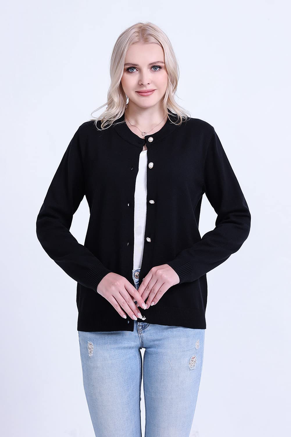 SMILING PINKER Women Cardigan Sweater Crewneck Pearl Button Knitted Tops Medium Weight