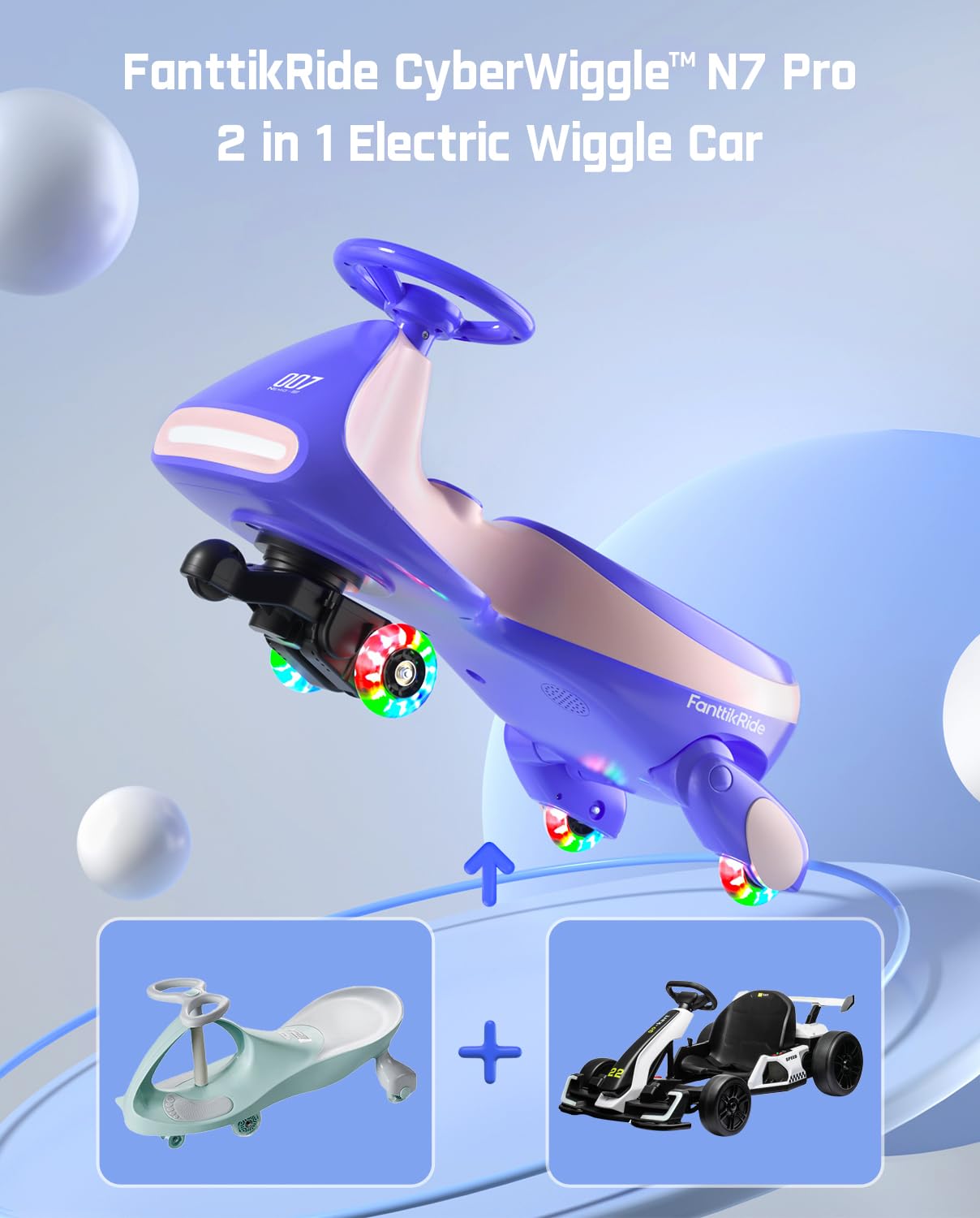 12V N7 Pro Electric Wiggle Car – Pedal-Powered Fun for Kids, Lights & Bluetooth Ride-On (by Fanttik)