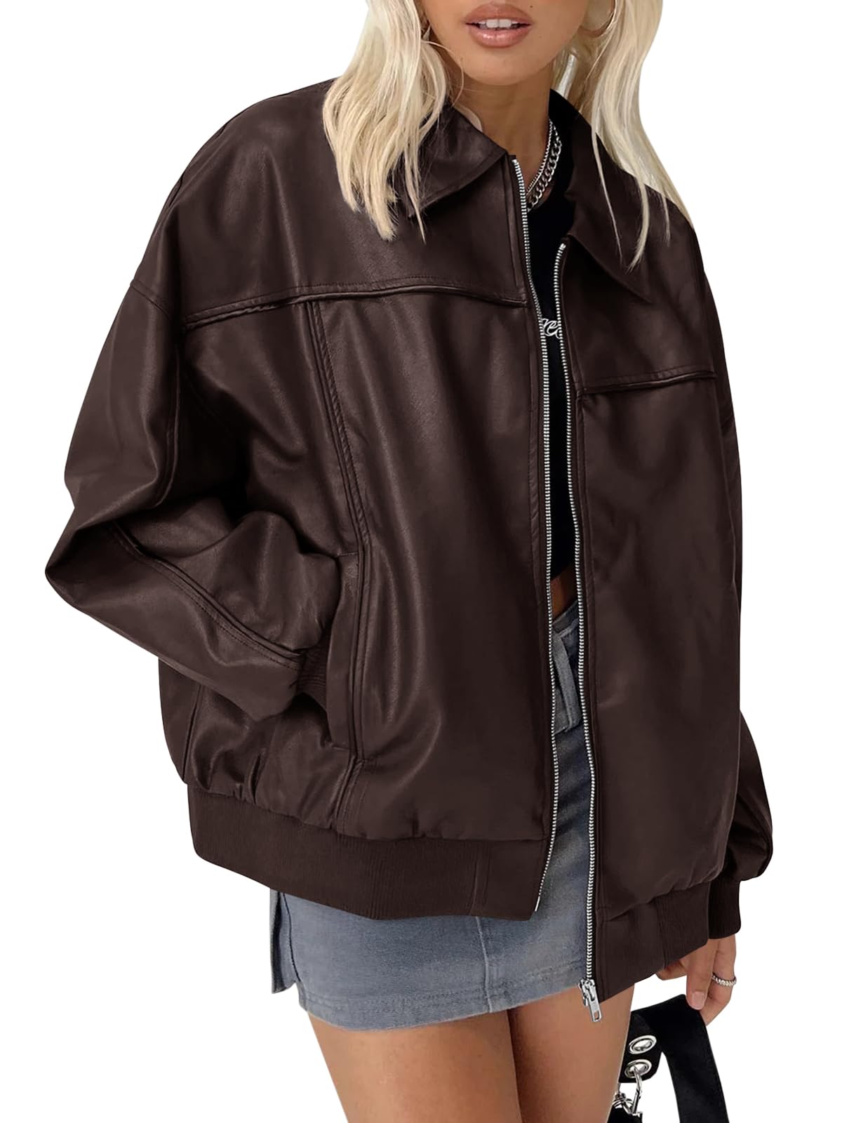 Tankaneo Womens Faux Leather Jackets Oversized Bomber Casual Fall Fashion Zip Up Moto Biker Coats