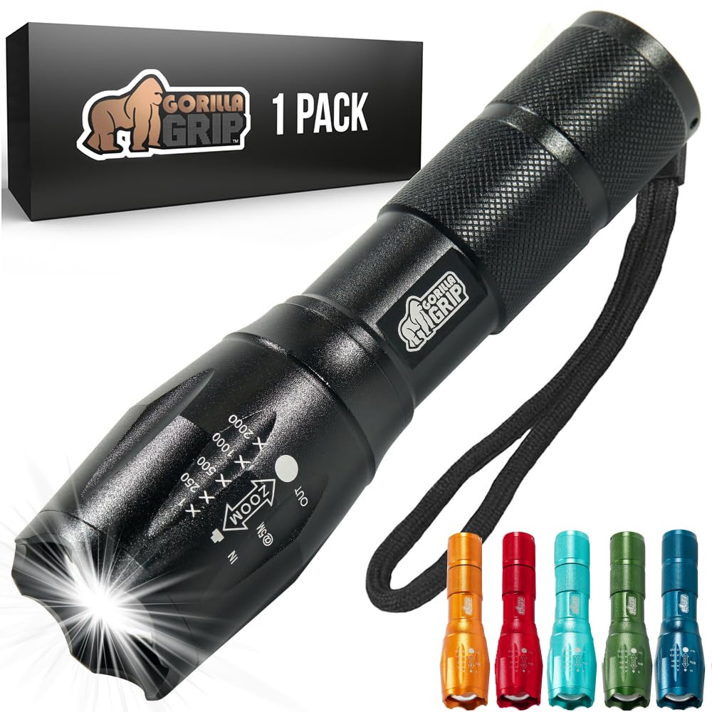 Gorilla Grip Leistungsstarke LED-Taschenlampe, 237 m, wasserfest, 5 einstellbare Modi, taktische Taschenlampe, hohe Lumen, ultrahelle Akku-Zoom-Taschenlampen, kleines Mini-Taschenlampen-Zubehör fürs Campingauto, 2er-Pack, Gold
