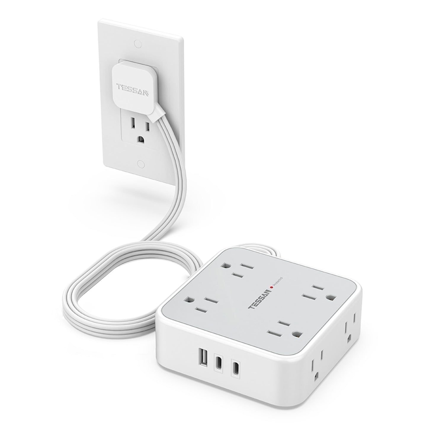 Surge Protector Flat Extension Cord Flat Plug Power Strip, 8 AC Outlets, 3 USB Charger(1 USB C Port) 3-Sided Outlet Extender, 5 Ft, 900 Joules Protection