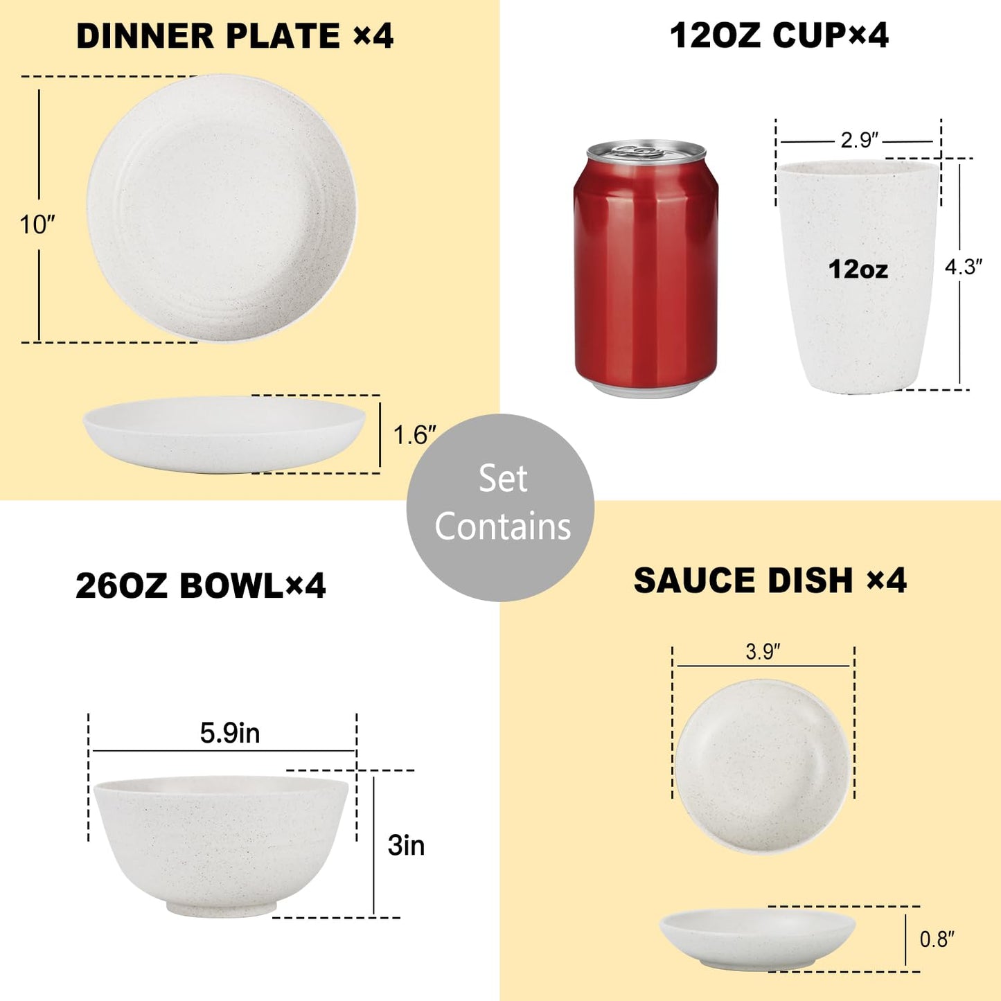 28 Piece Wheat Straw Dinnerware Sets,Dishwasher & Microwave Safe Plates and Bowls Sets - Unbreakable Plastic Dinnerware Sets for 4 Dinner Plates, Cups, Cereal Bowls - Colorful Series