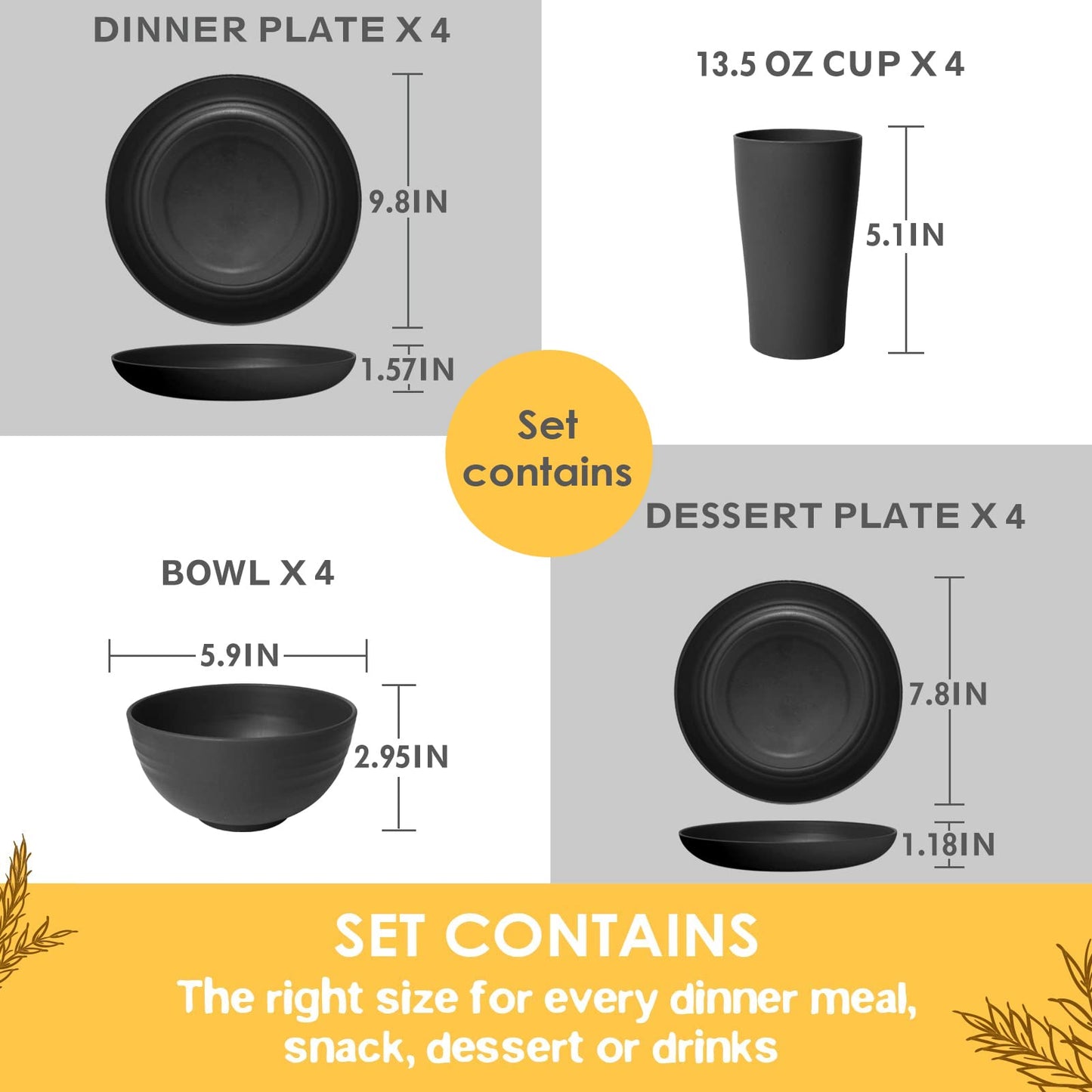 Teivio 16-Piece Kitchen Plastic Wheat Straw Dinnerware Set, Service for 4, Dinner Plates, Dessert Plate, Cereal Bowls, Cups, Unbreakable Plastic Outdoor Camping Dishes, Grey